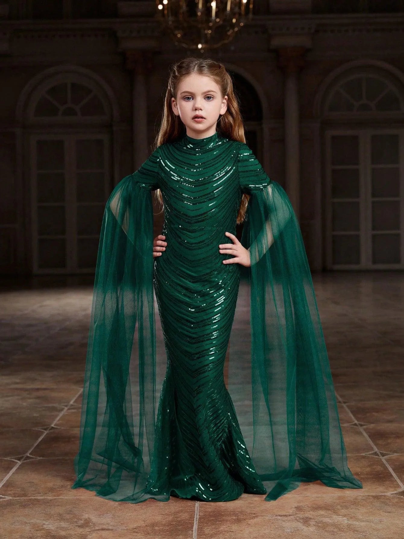 Tween Girls' Cloak Sleeves Sequin Mermaid Dress