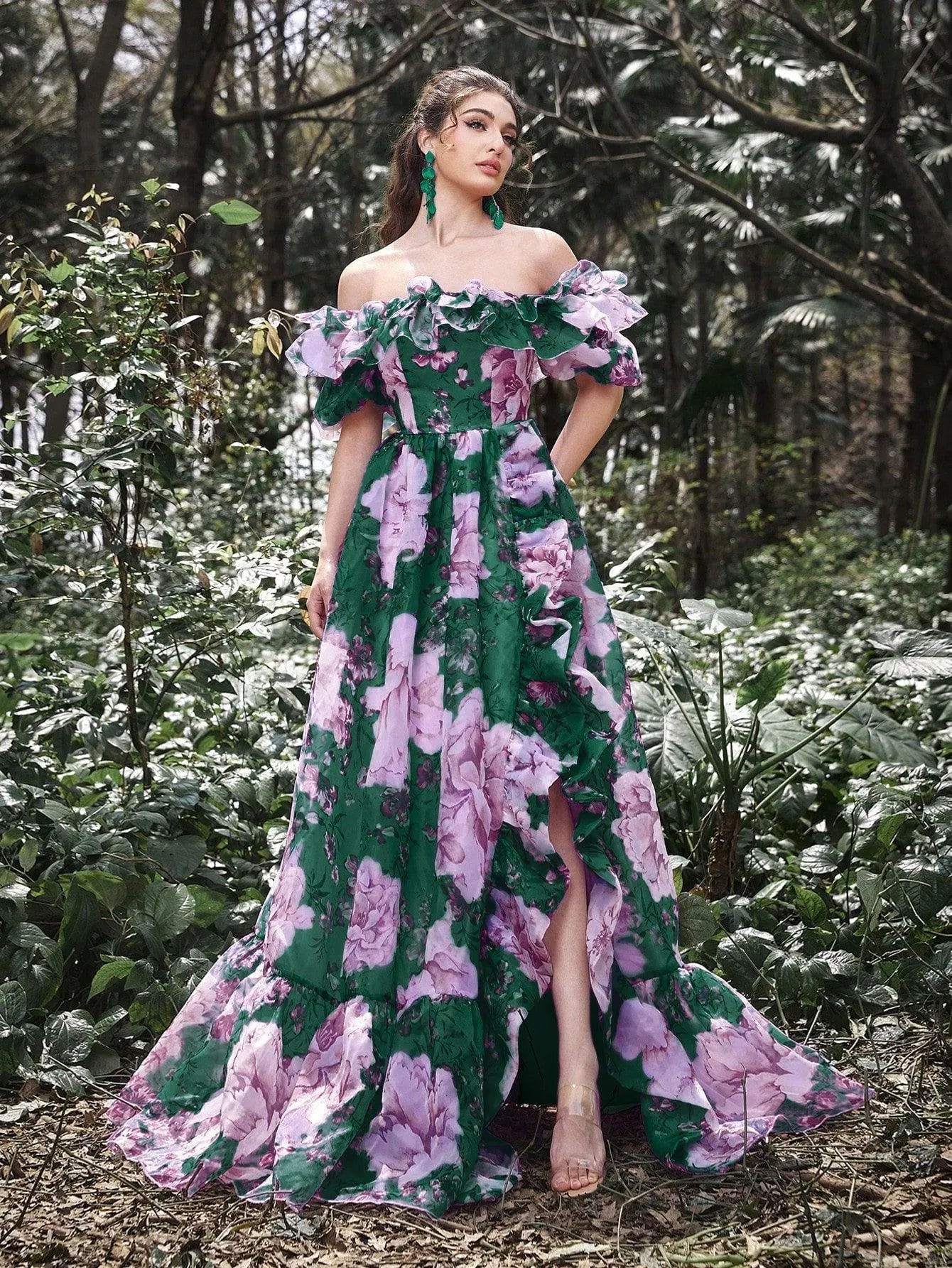 Elegant Ruffle Trim Off Shoulder Floral Organza Prom Dress