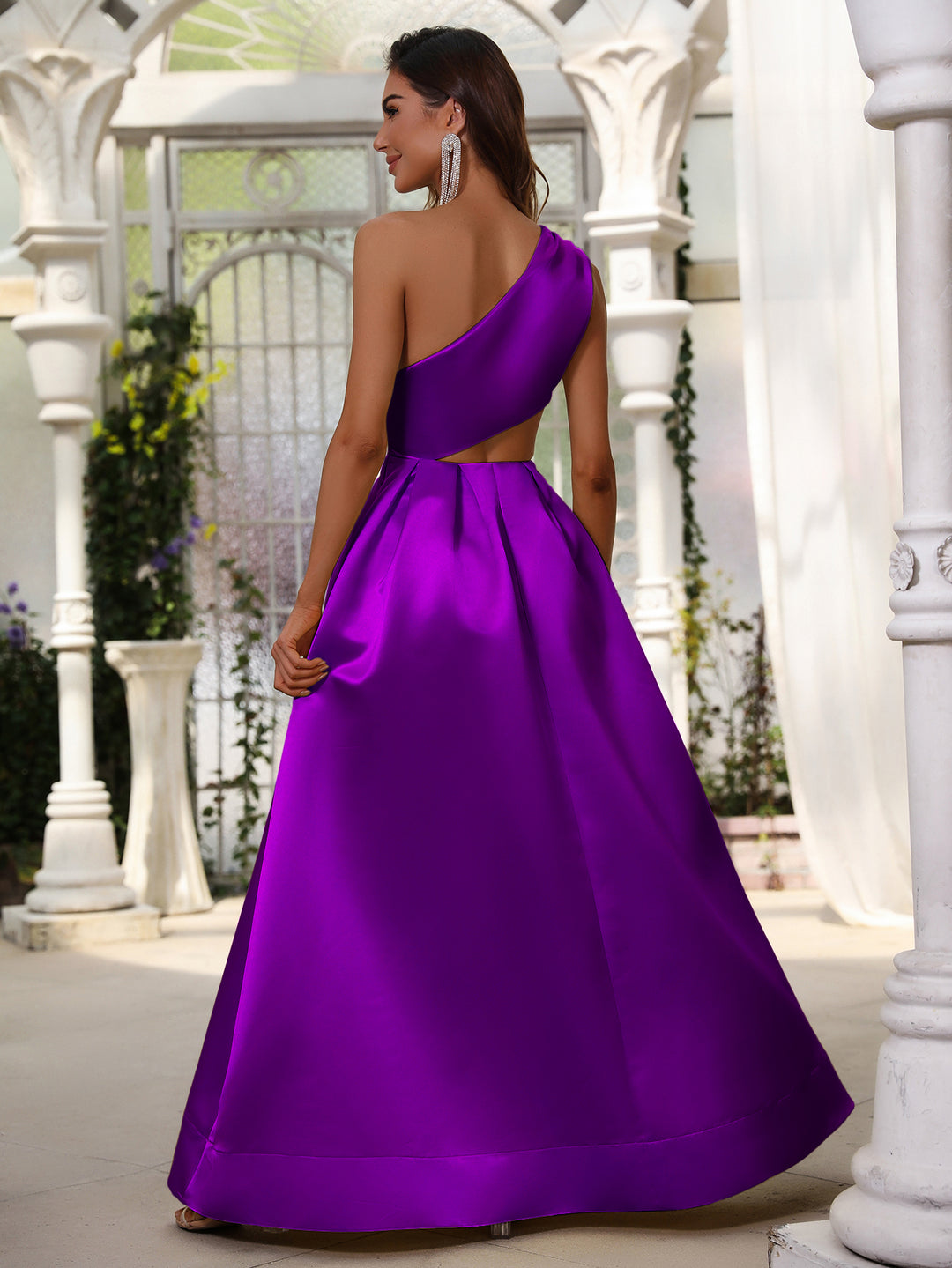 Cut Out One Shoulder Sleeveless Satin A line Dresses