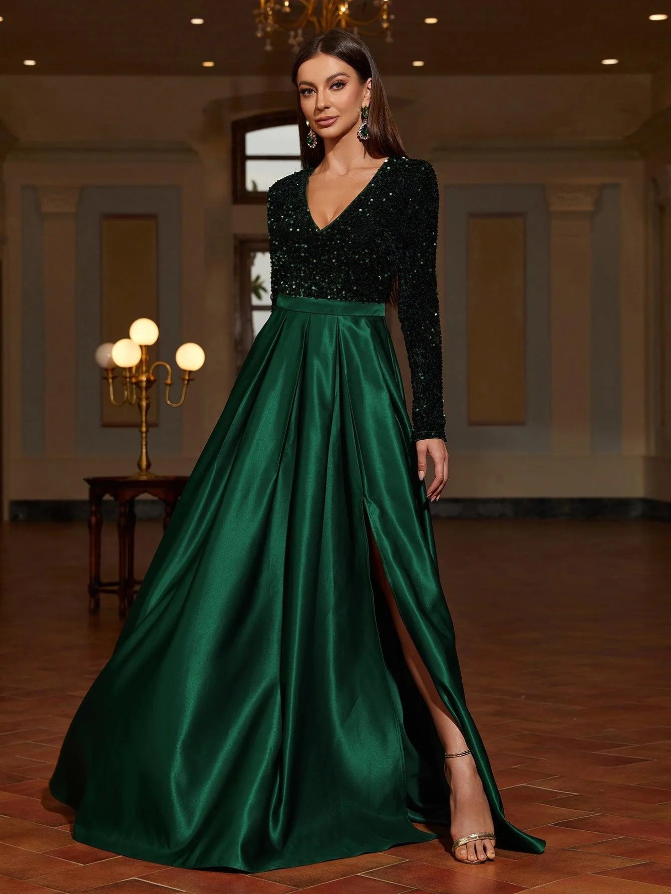 Plunging Neck Contrast Satin Sequin Formal Dress