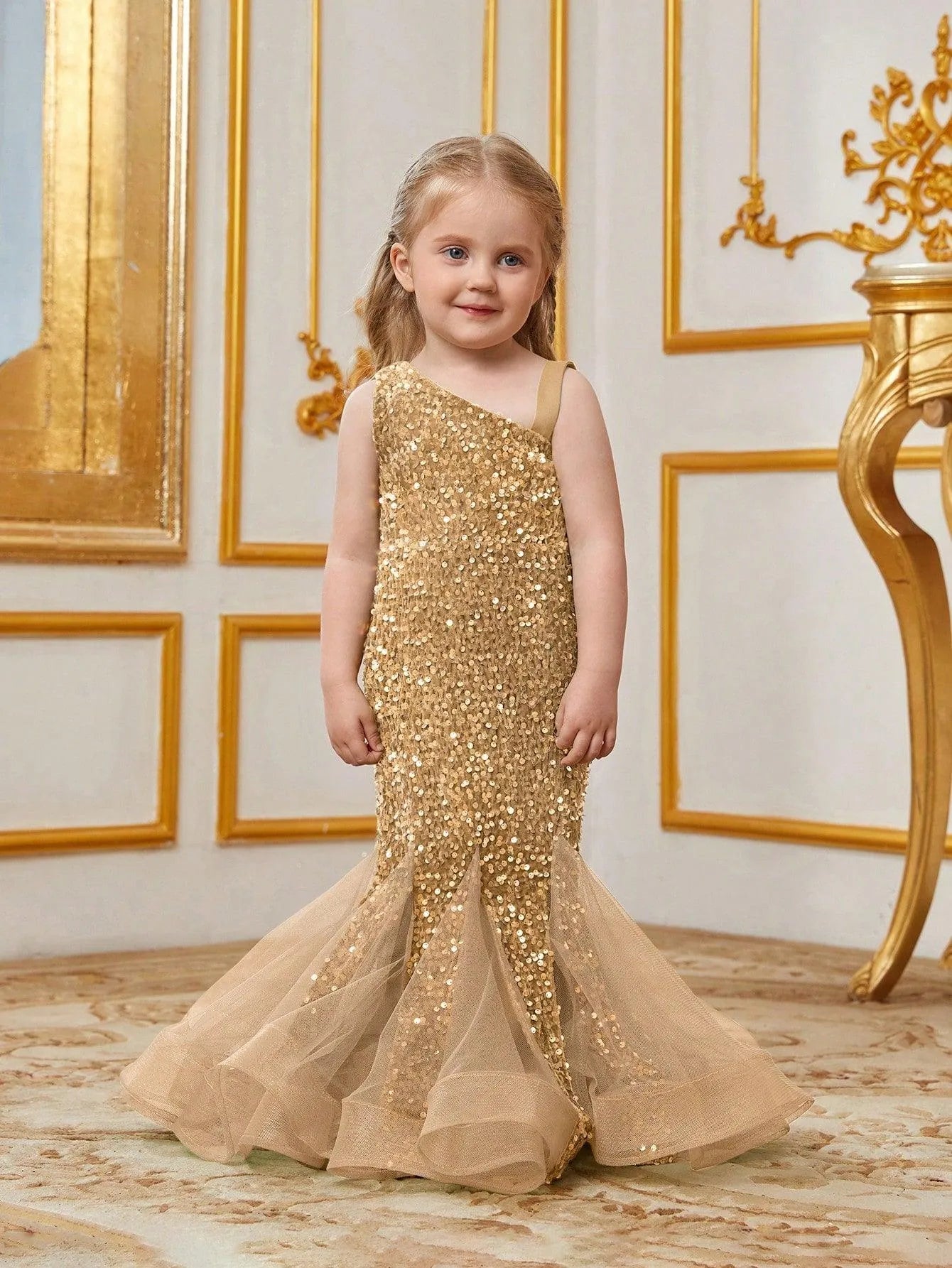 Young Girls' Mesh Insert Mermaid Hem Sequin Dress