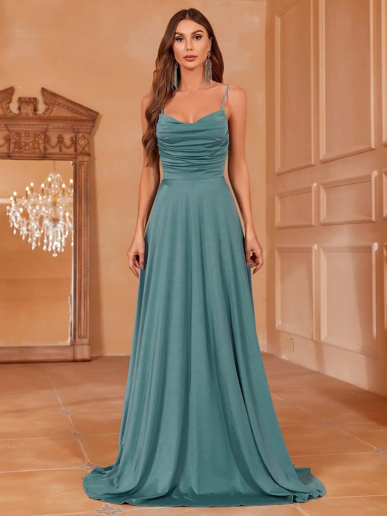 Elegant Ruched Draped Collar Cami Bridesmaid Dress