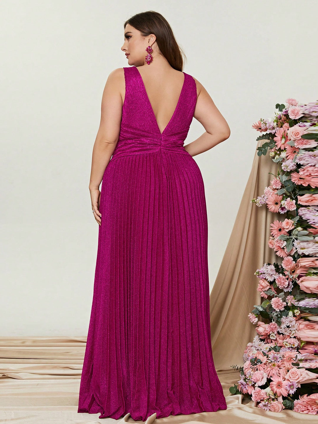 Plus Glitter V Neck Sleeveless Maxi A Line Pleated Gown