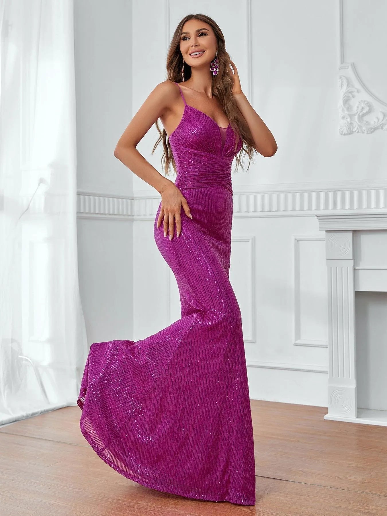 Elegant Plunging Neck Ruched Front Sequin Cami Dress