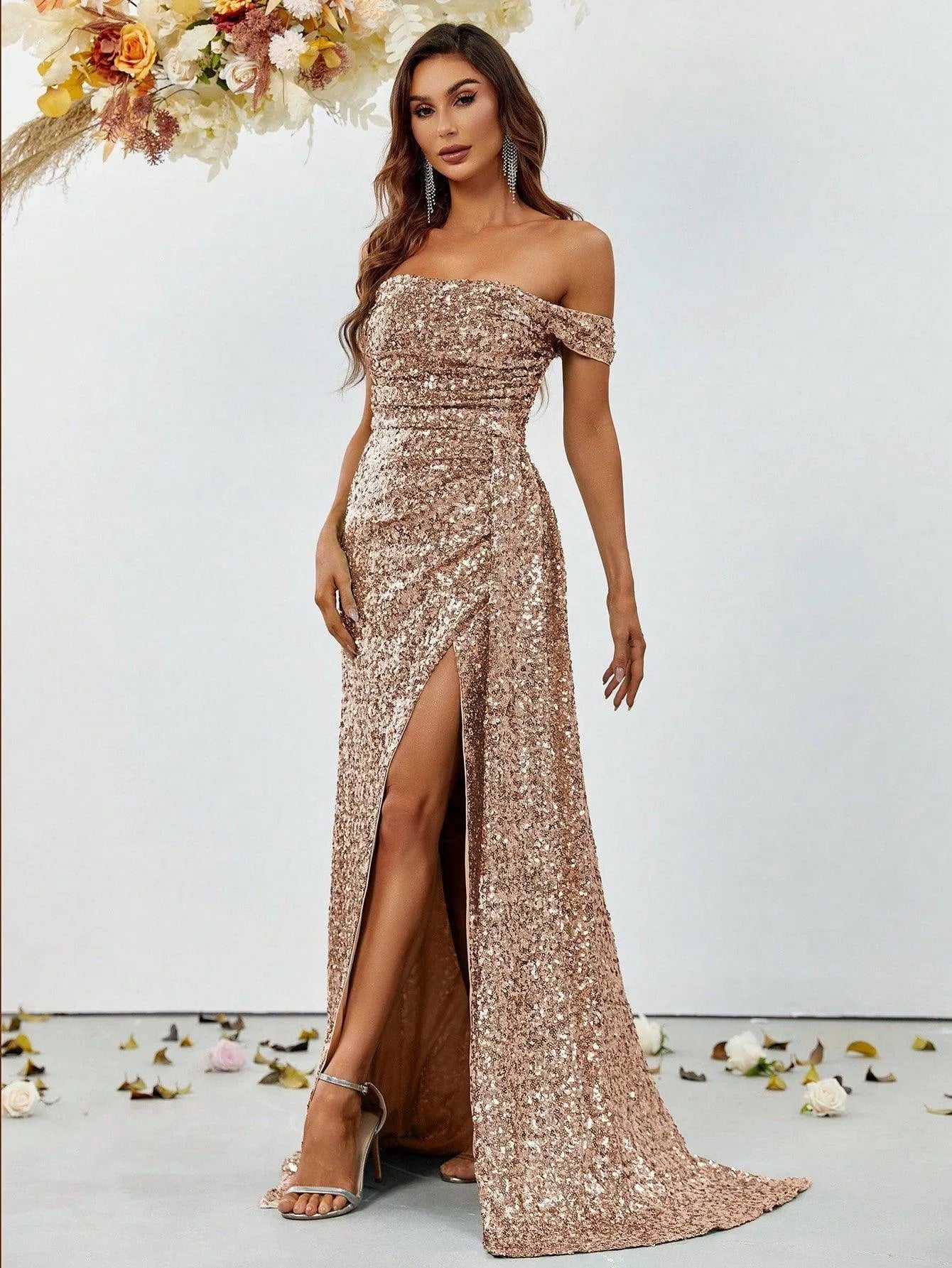 Off Shoulder Ruched Draped Side Sequin Party Dress