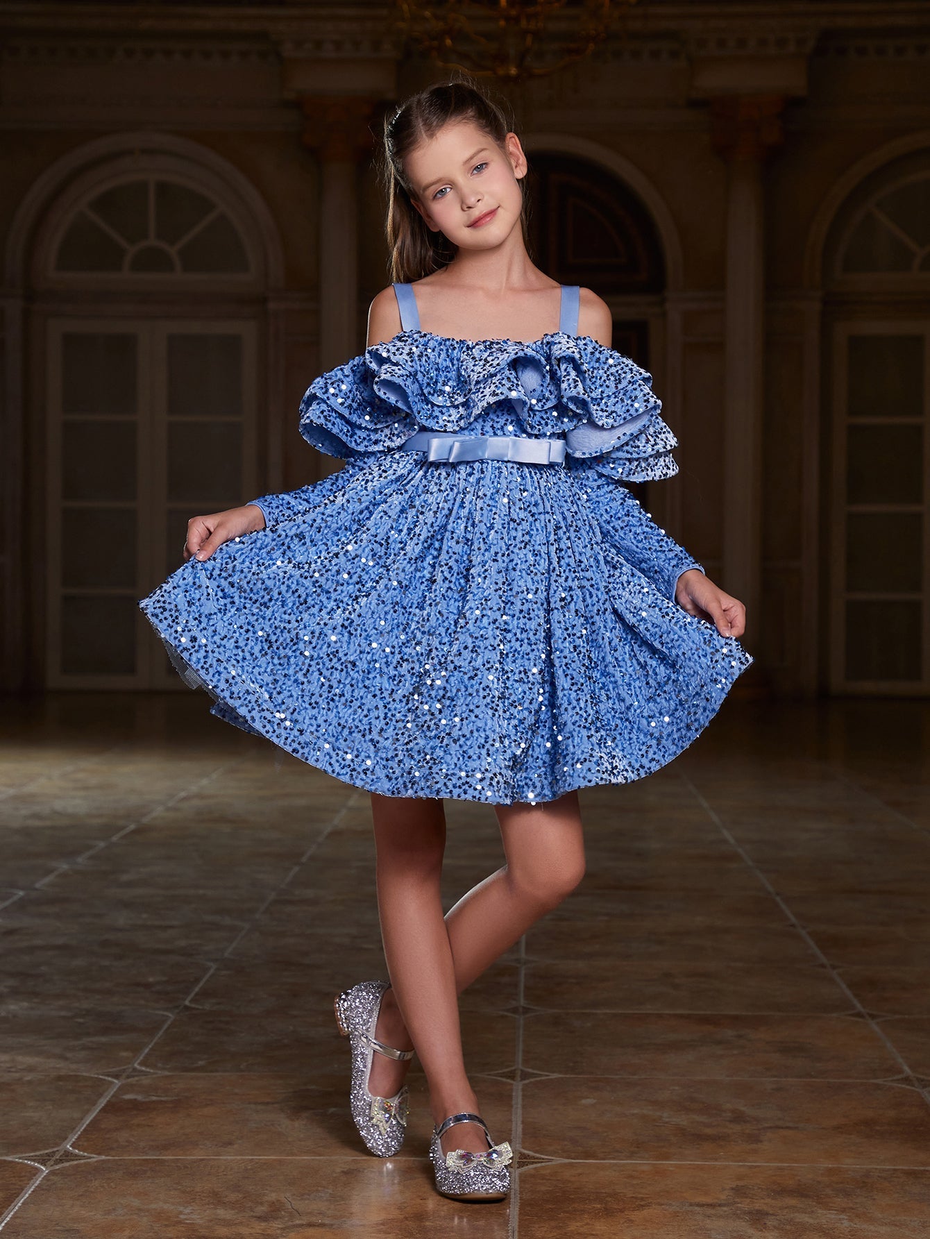 Girl's Off Shoulder Layered Ruffle Trim Sequin Party Dress