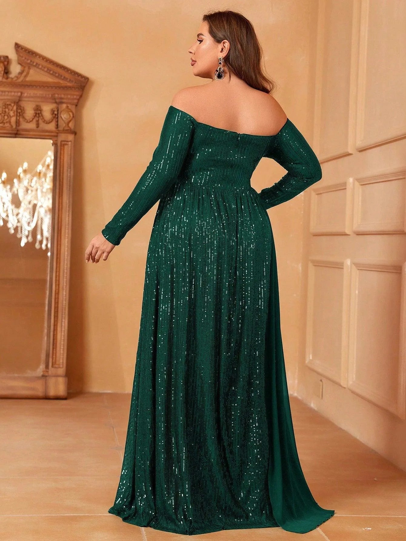 Plus Off Shoulder Draped Side Sequin Formal Dresses