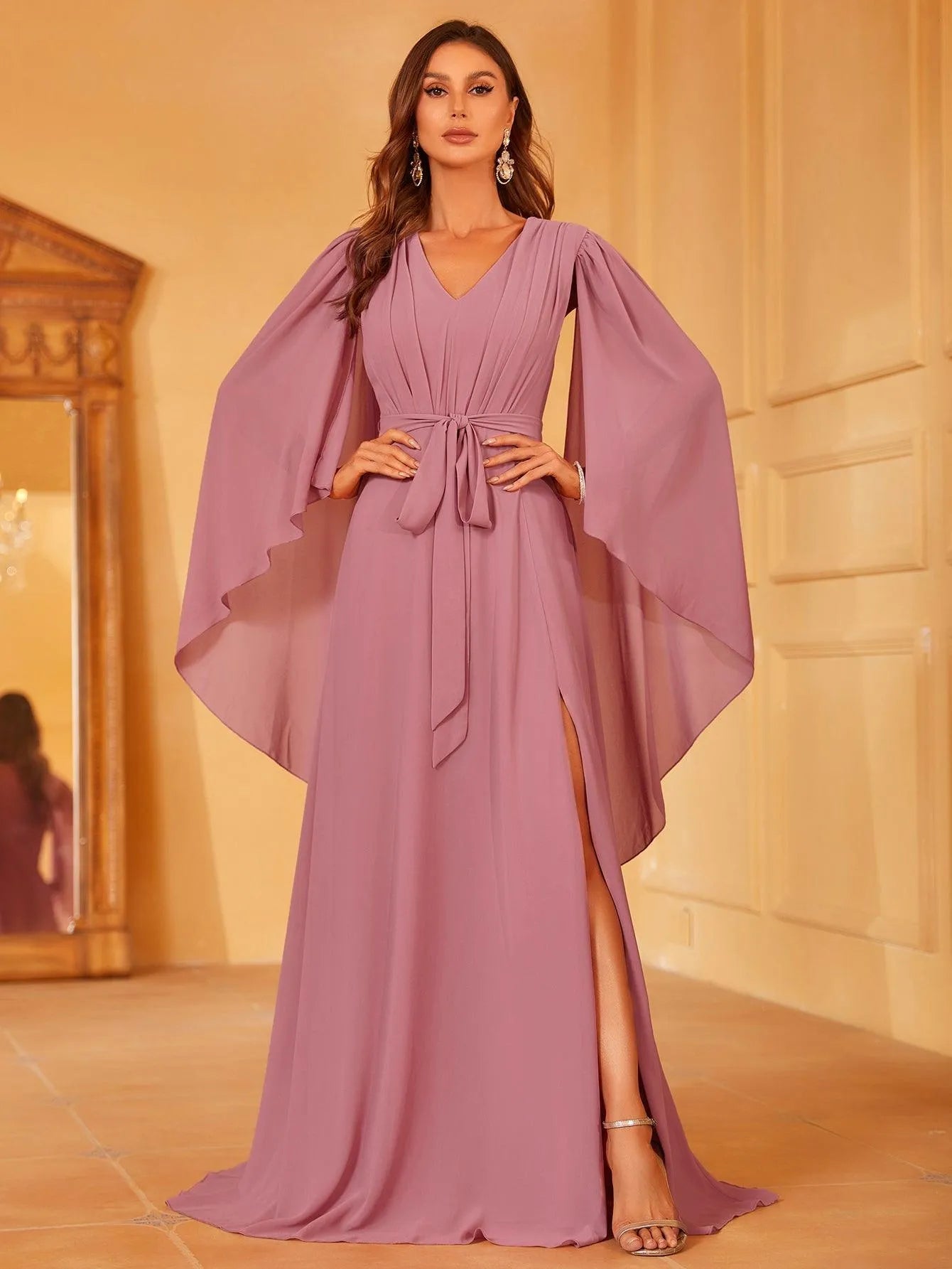 Solid Flounce Sleeve Chiffon Bridesmaid dress