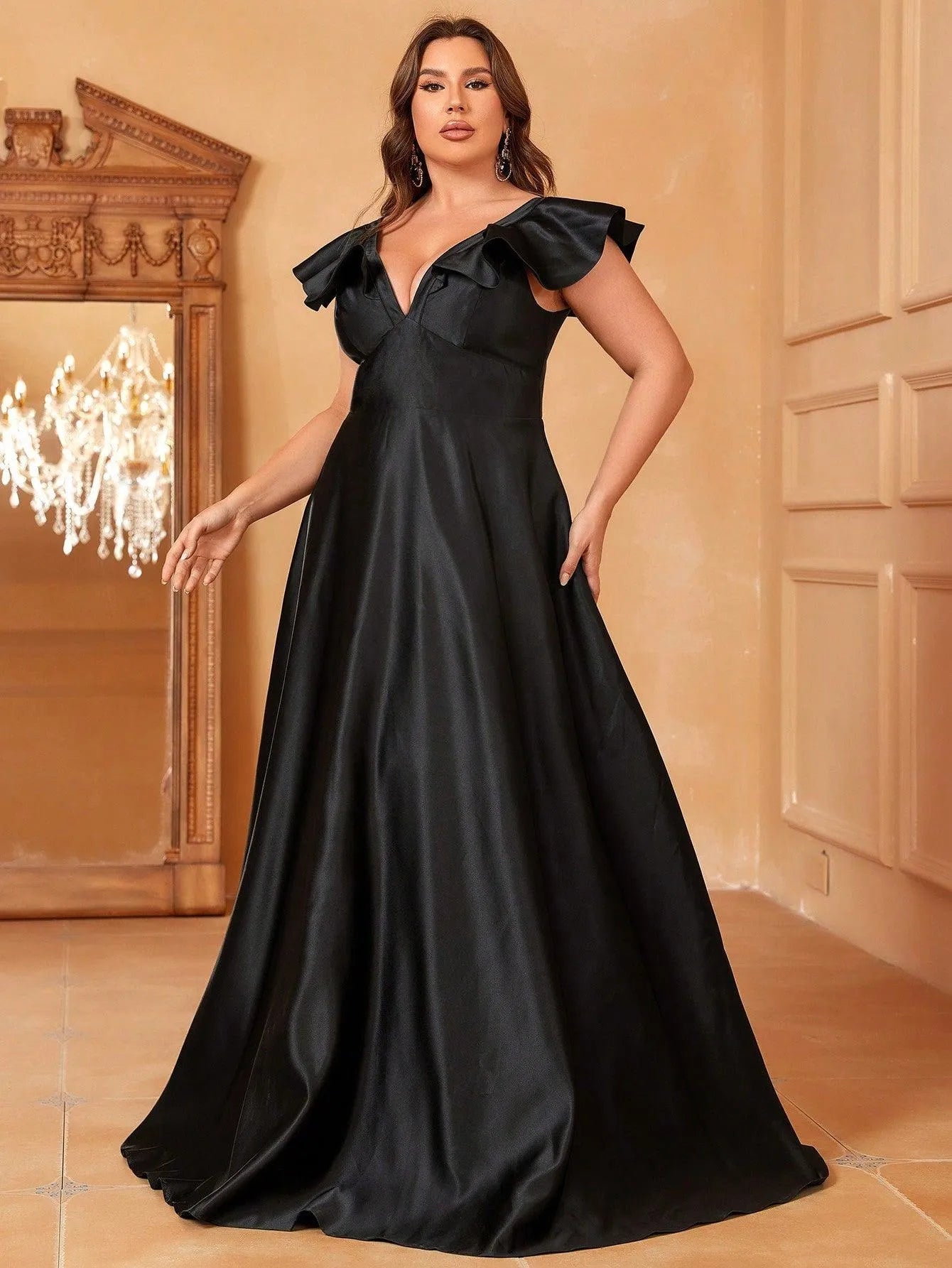 Plus Ruffle Trim Deep V Neck Satin Formal Dress