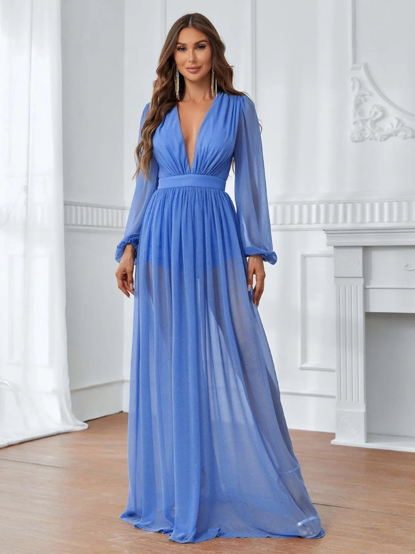 Plunging Neck Lantern Sleeve Floor Length A Line Dress