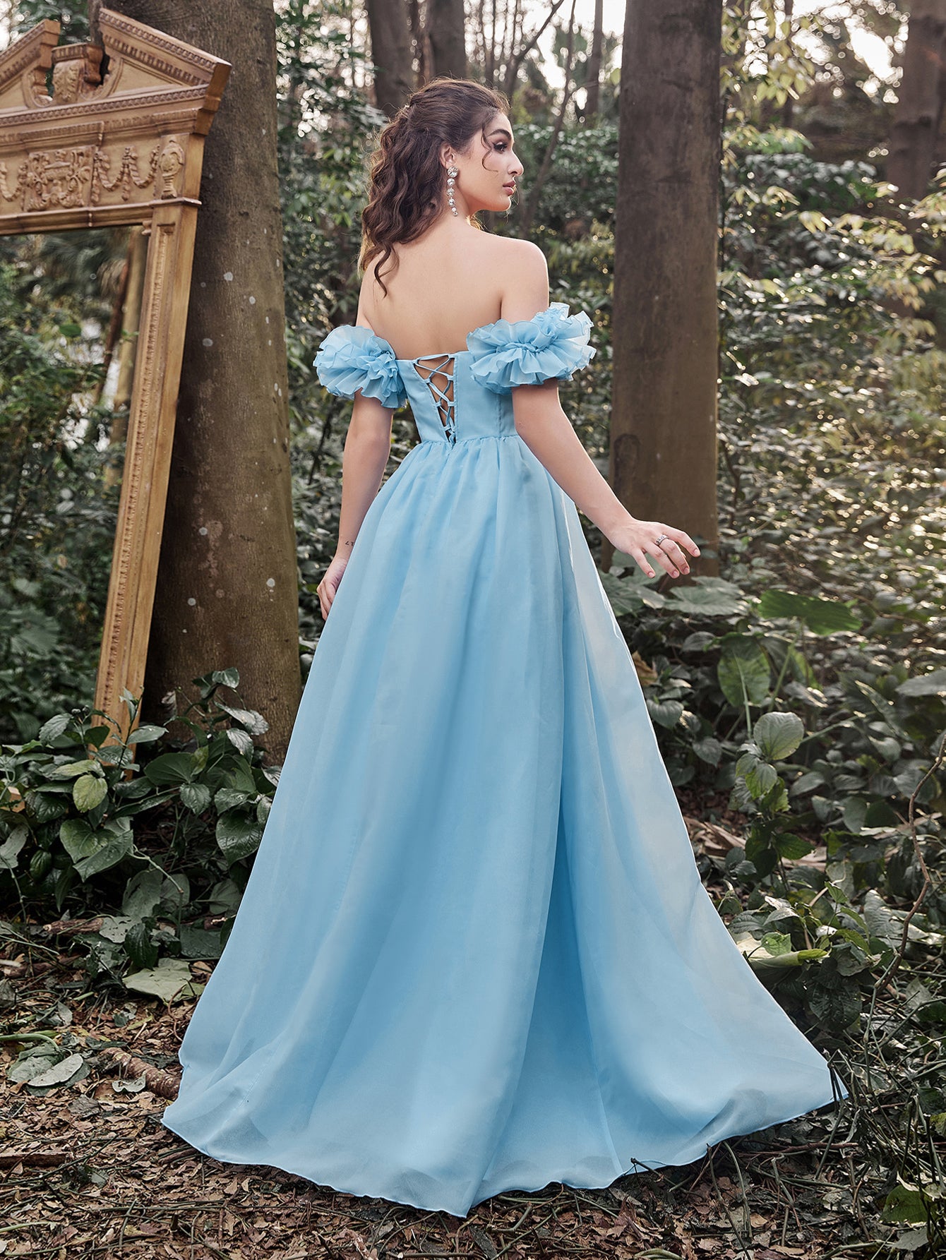 Off Shoulder Ruffle Sleeves Organza Prom Tube Dress