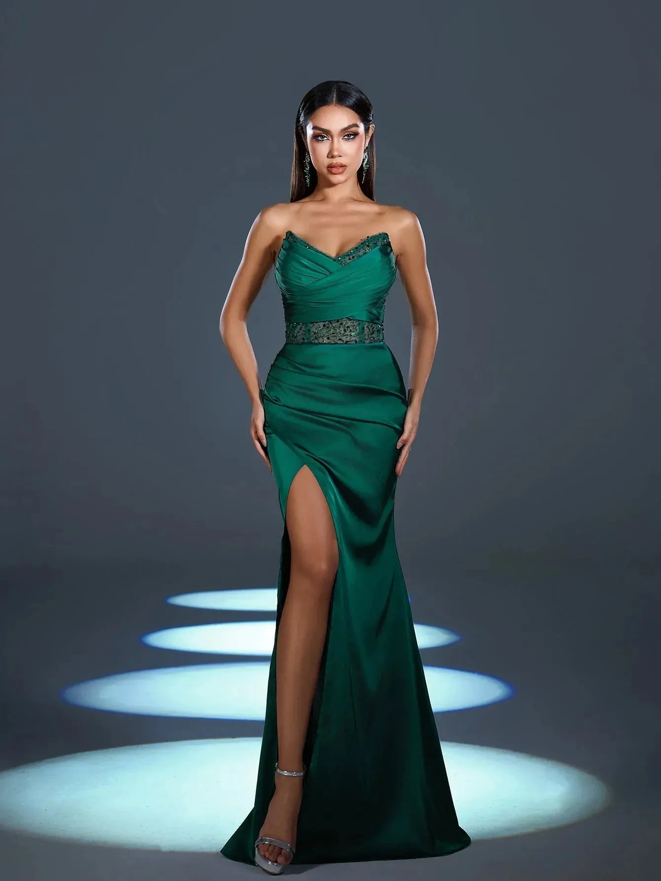 Elegant Strapless Contrast Sequin Split Thigh Satin Mermaid Party Dress