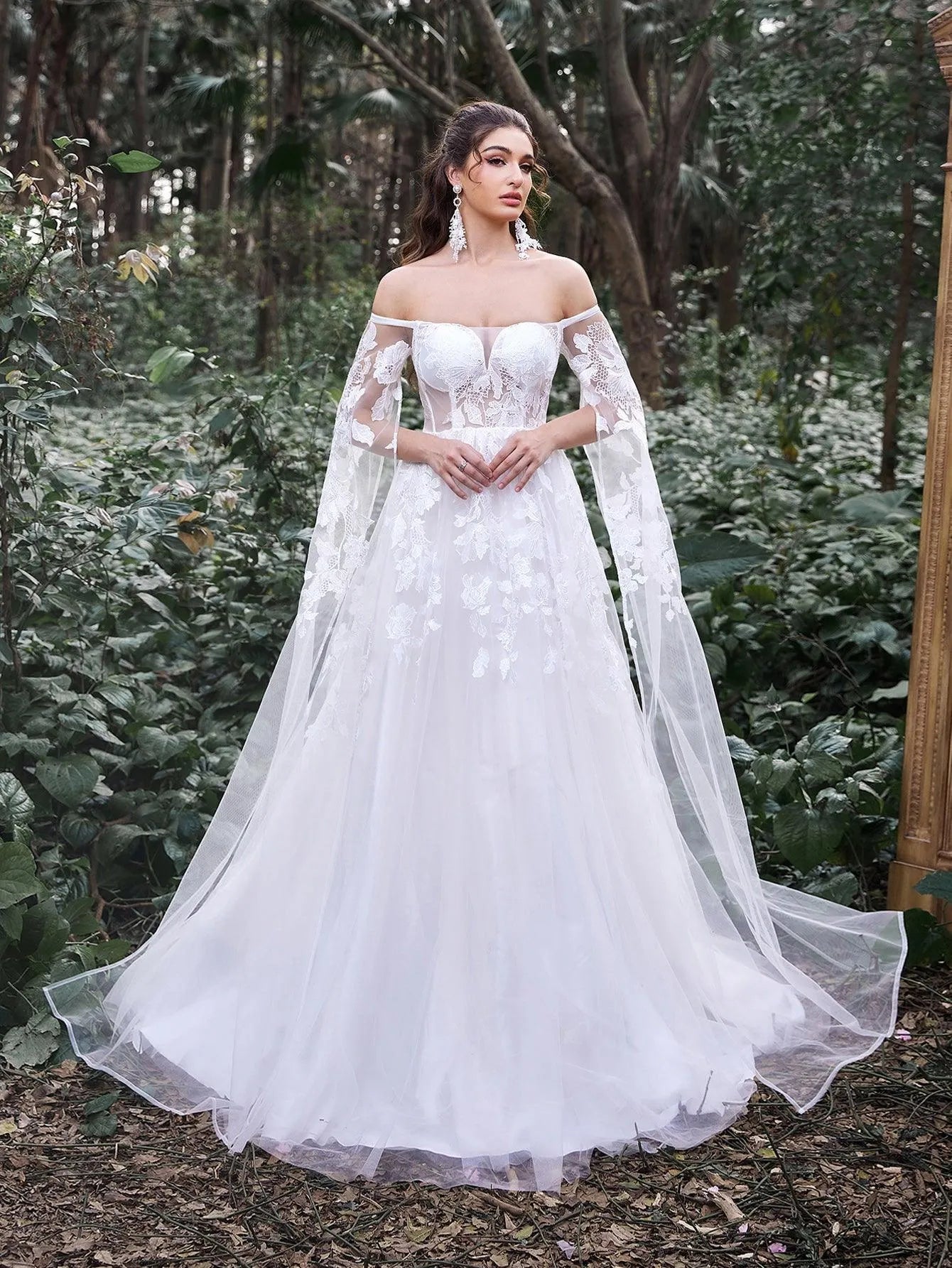 Gorgeous Off Shoulder Cape Sleeves Floral Applique Detail Wedding Dress