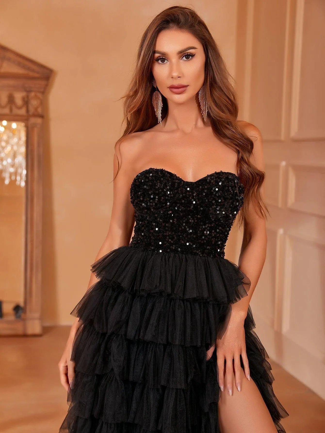 Sequin Bodice Contrast Mesh Prom Dresses