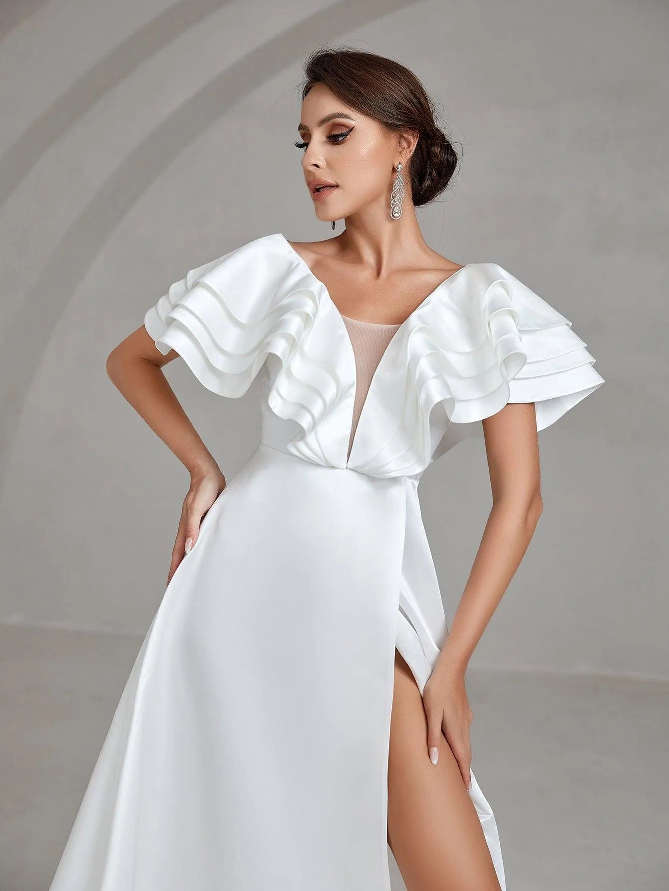 Backless Ruffle Layered Sleeve Satin Wedding Dress