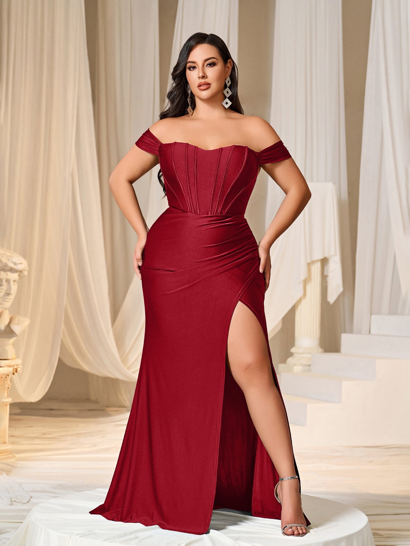 Plus Off Shoulder Ruched Wrap Hem Party Dress