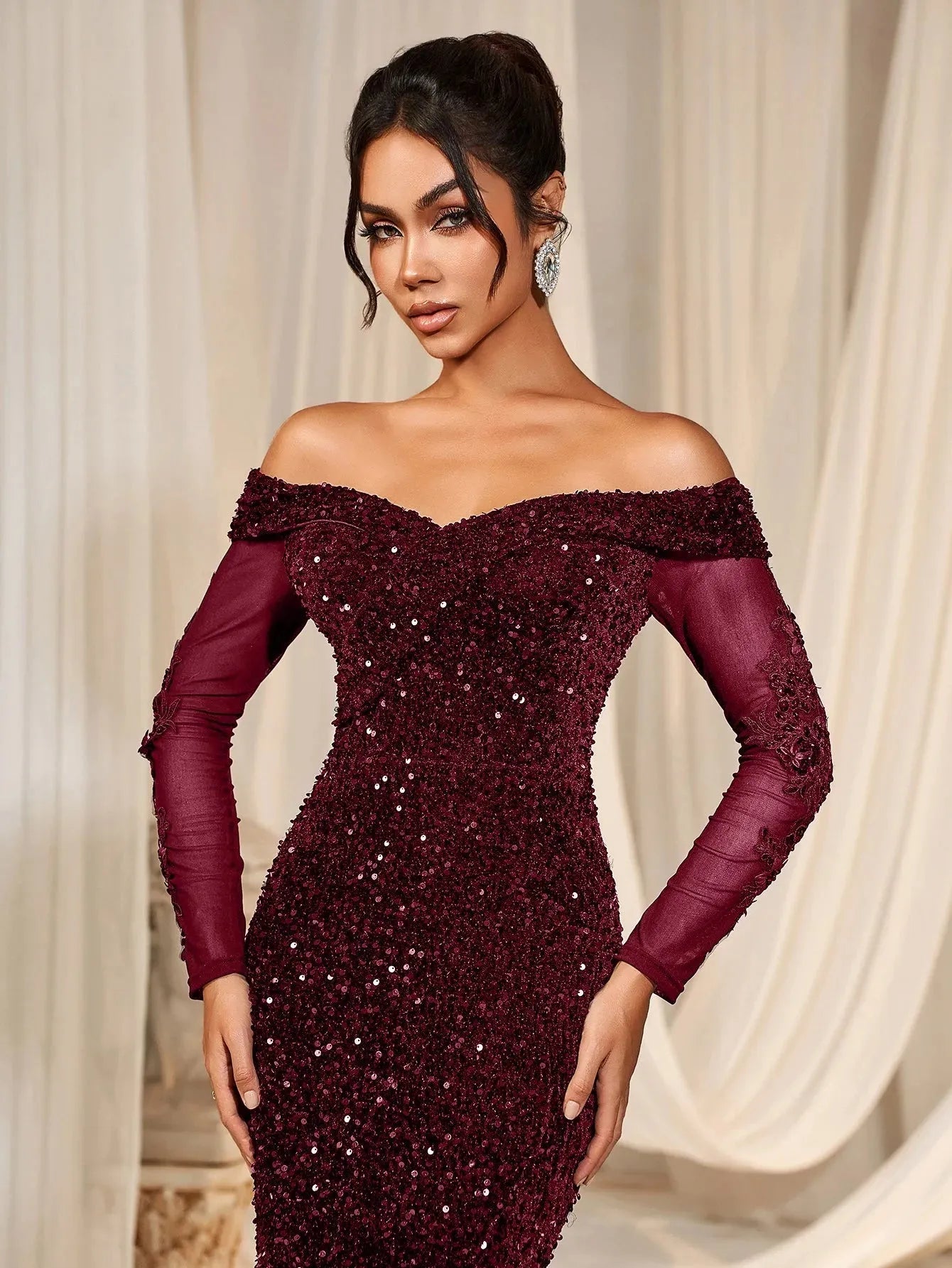 Gorgeous Off Shoulder Mermaid Hem Sequin Evening Dress