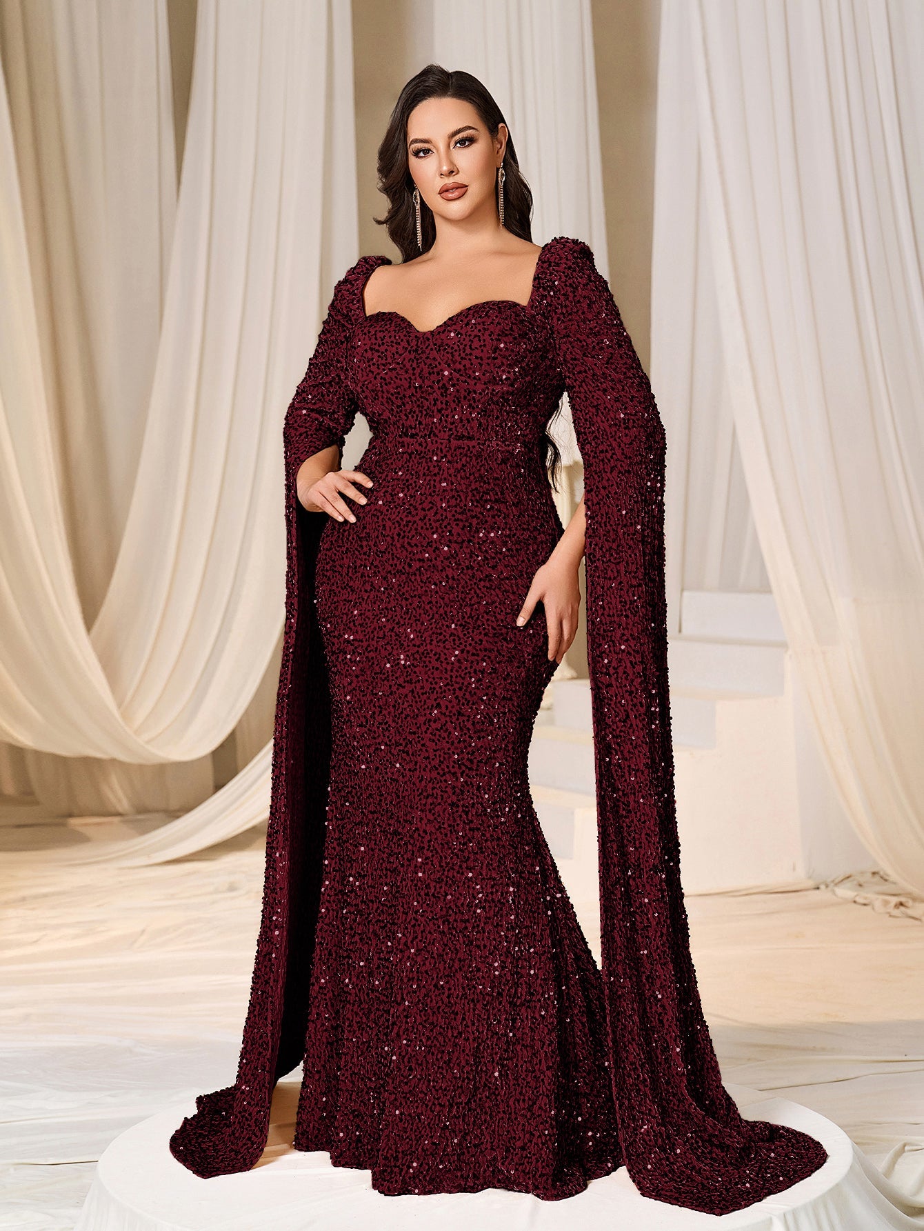 Plus Sweetheart Neck Extra-Long Sleeves Sequin Evening Dress