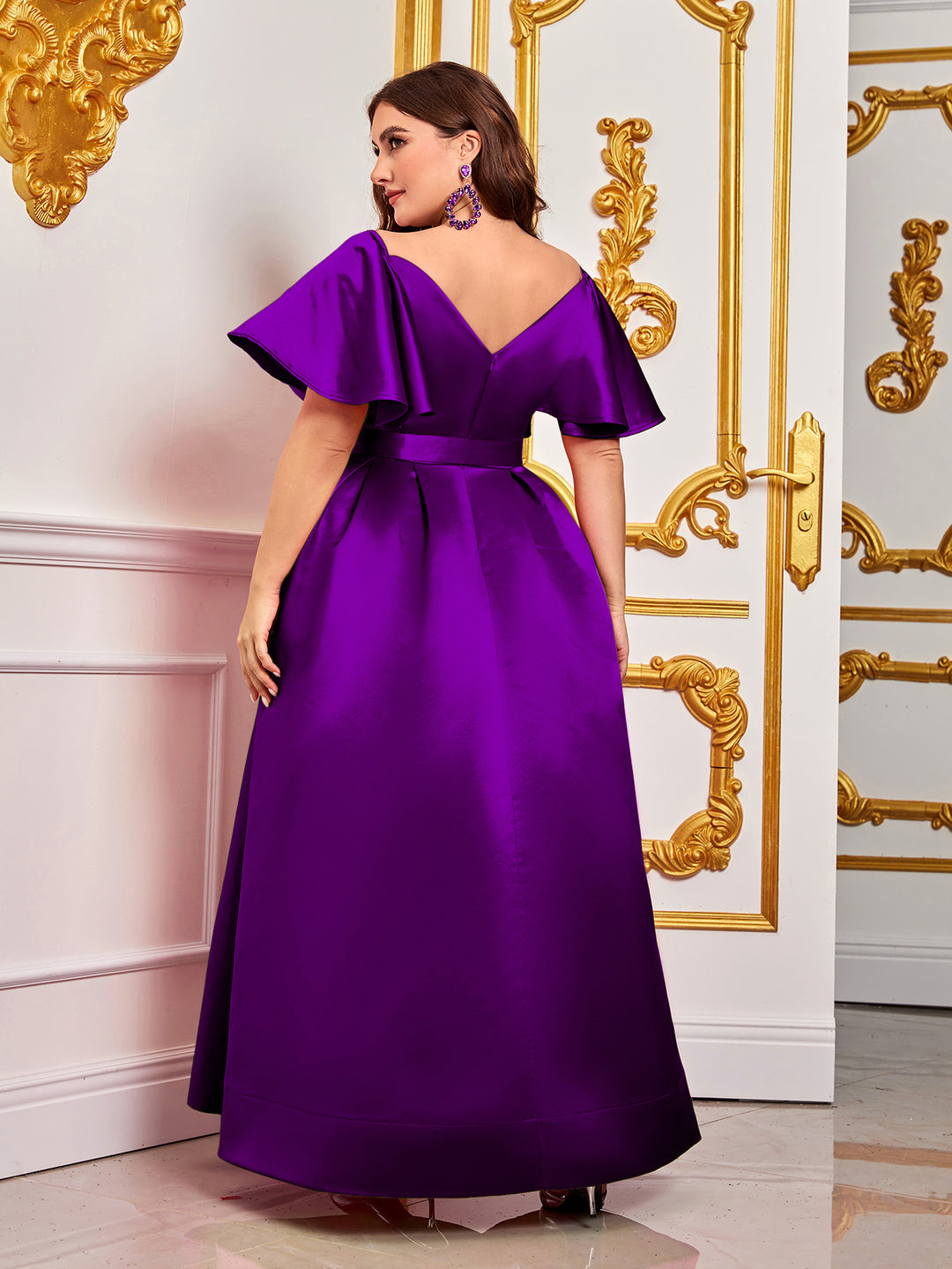 Plus Rhinestone Detail Belted Ruffle Sleeve Satin Dress