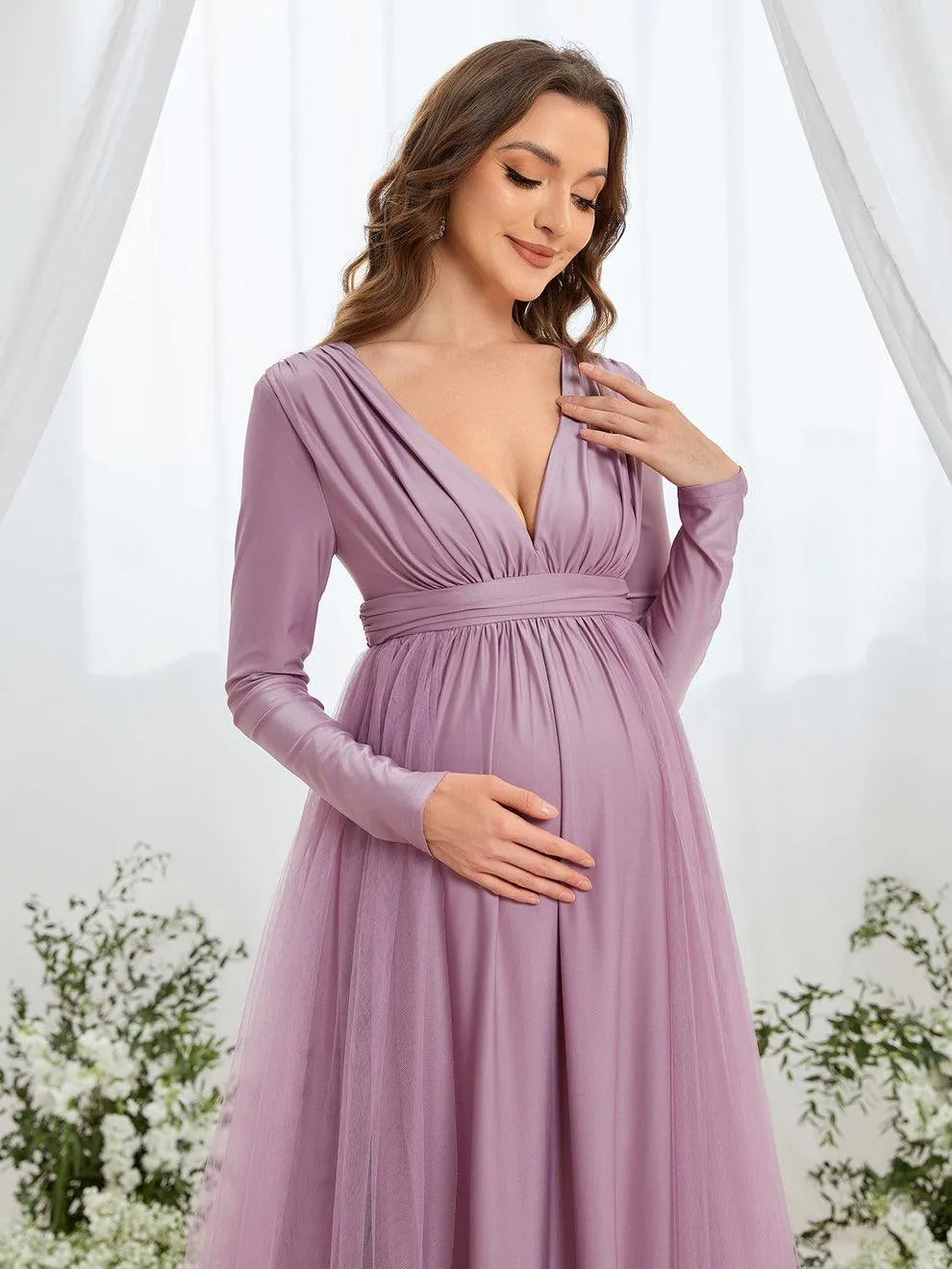 Maternity Plunging Neck Long Sleeve Contrast Mesh Formal Dress