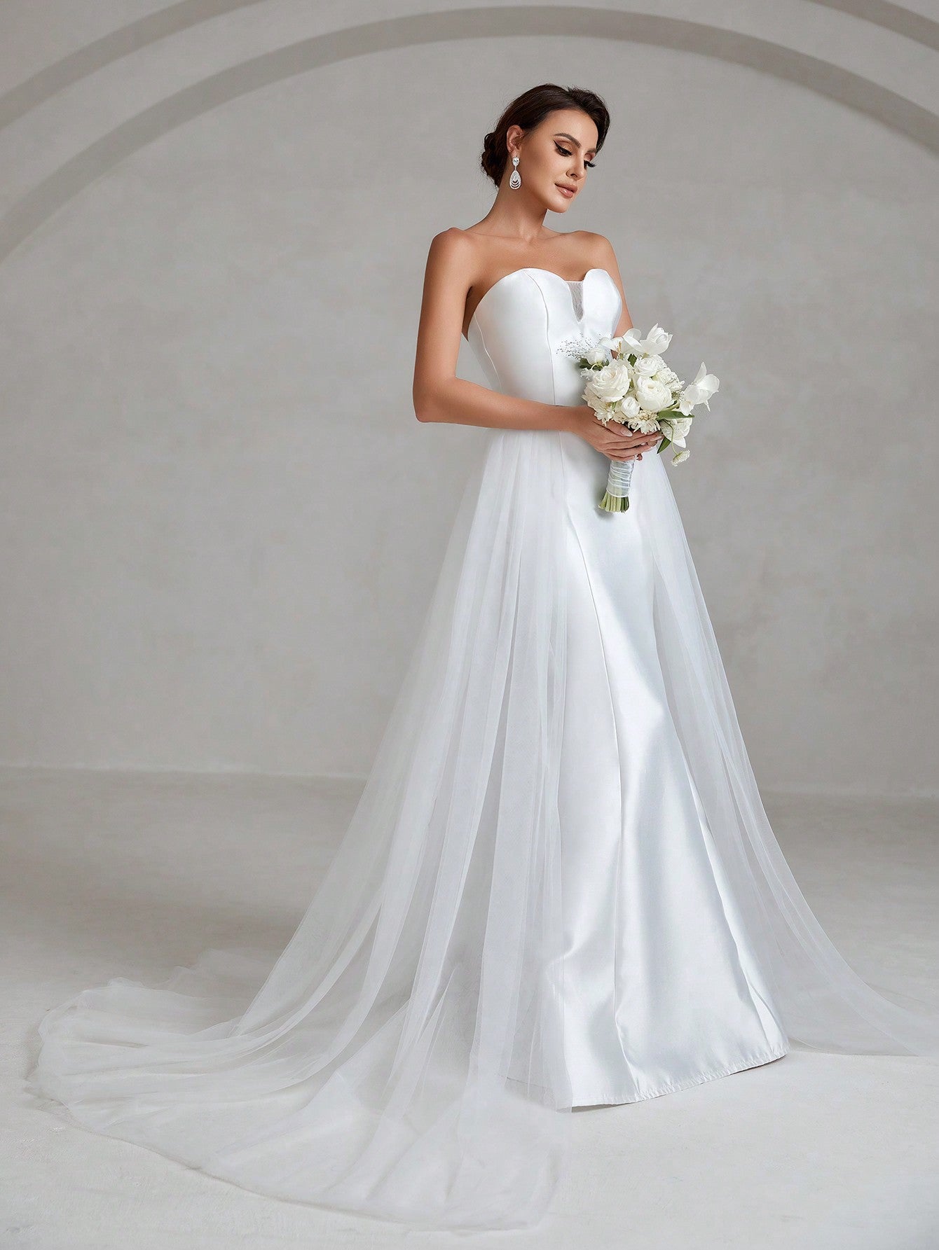 Mesh Overlay Satin Tube Wedding Dress