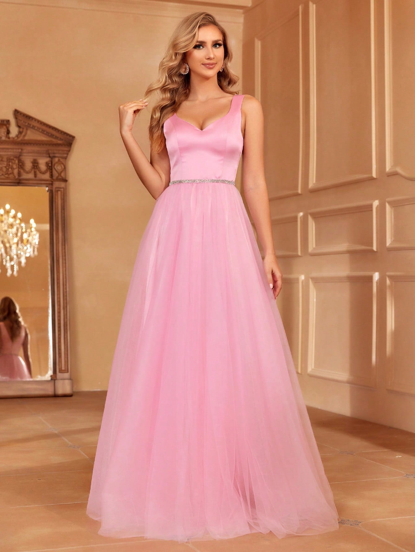 Sweetheart Neck Sleeveless Rhinestone Detail Satin A Line Dresses