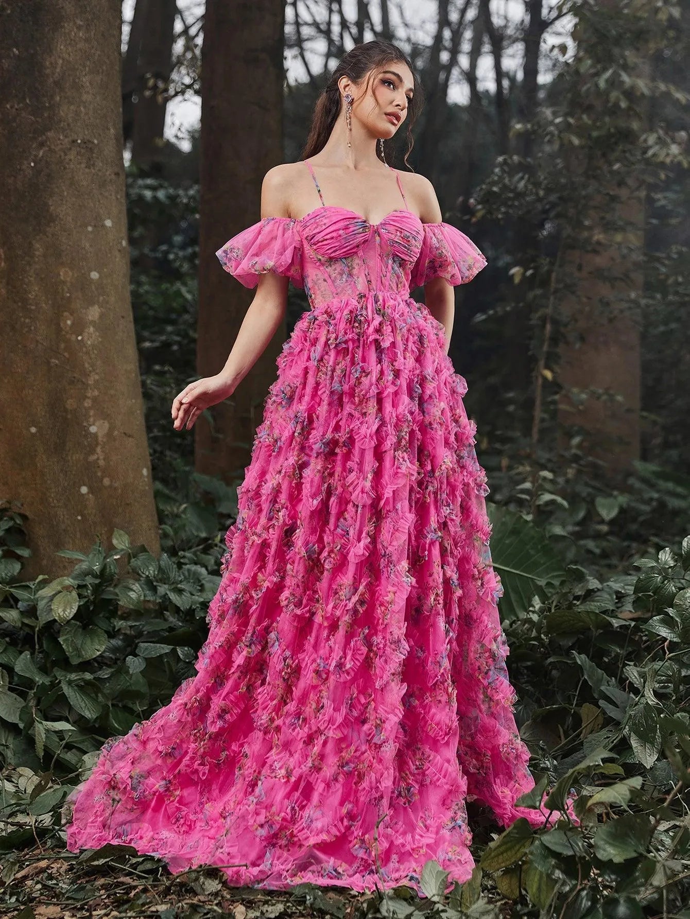 Floral Tulle Off Shoulder Cascading Ruffle Hem Slip Prom Dress