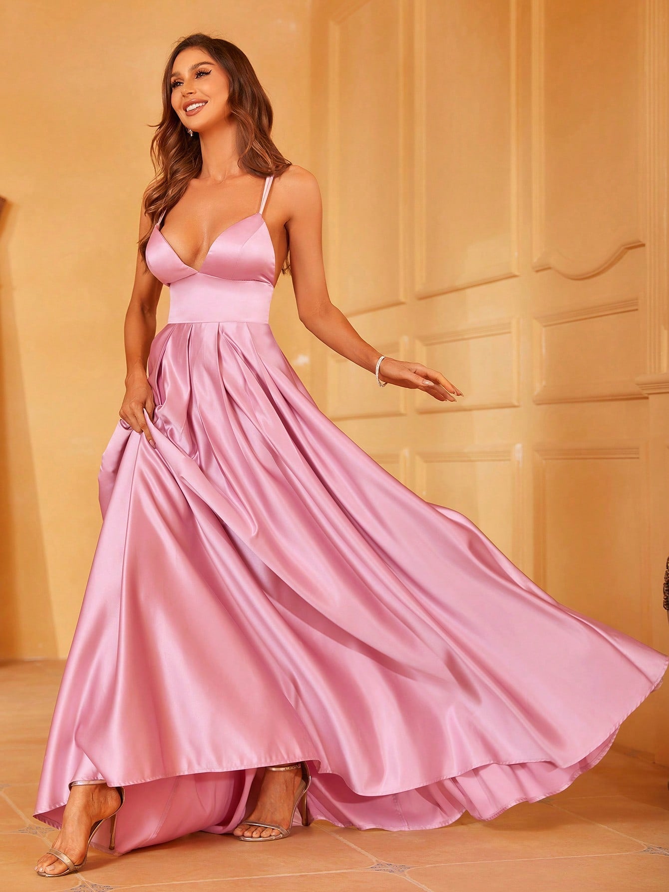 Plunging Neck Floor Length Satin Cami Dress