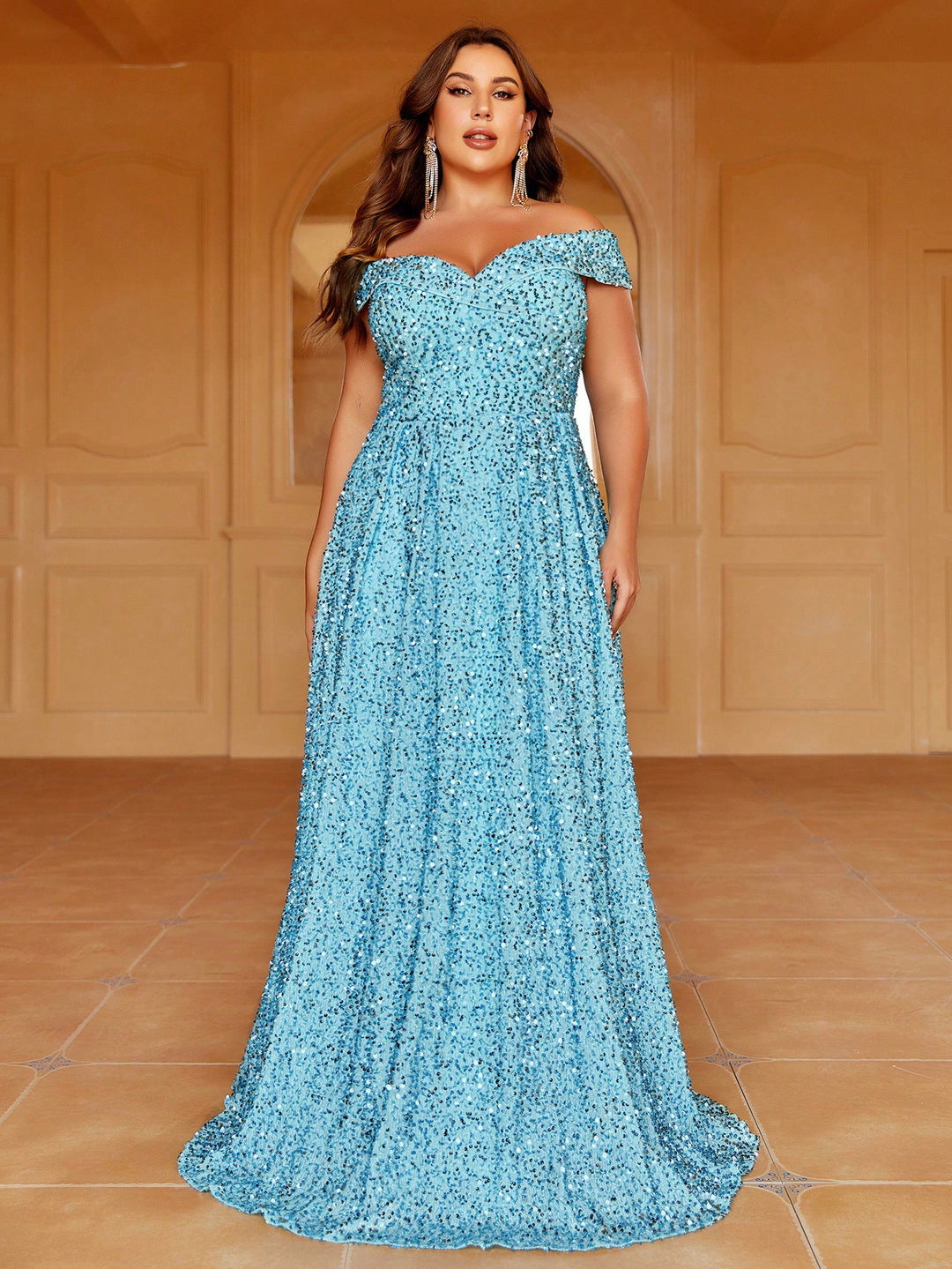 Plus Size Off Shoulder Sequin A Line Dress