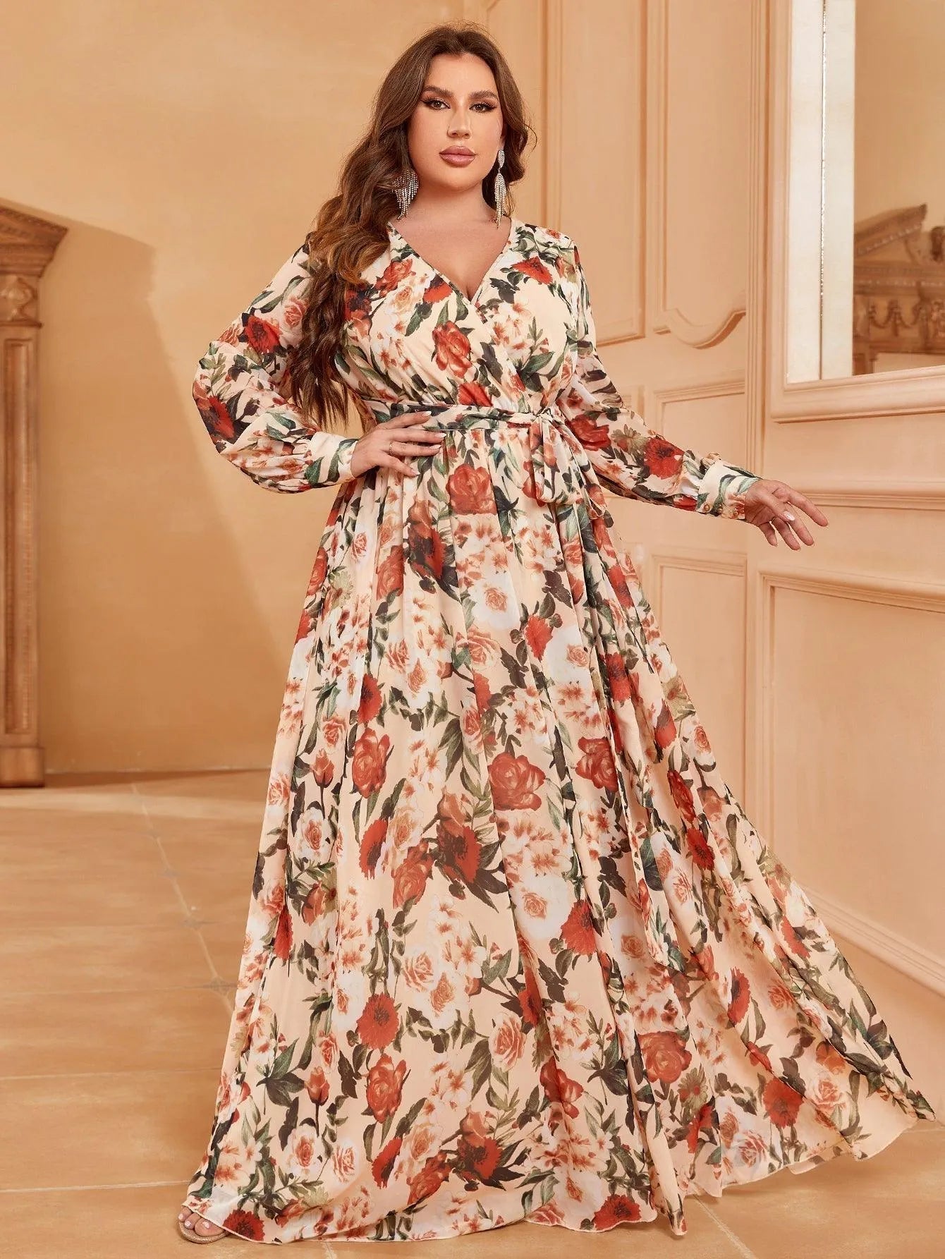 Plus V Neck Long Sleeve Floral Chiffon Belted Dress