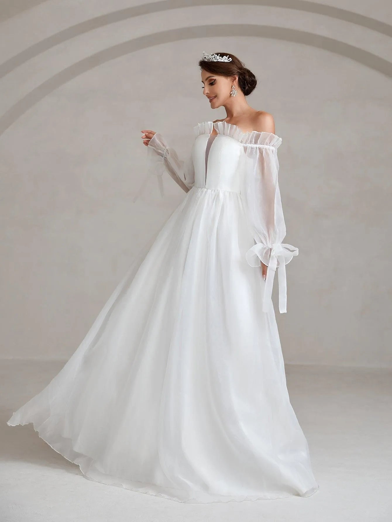 Ruffle Trim Off Shoulder Flounce Sleeve A Line Wedding Dress