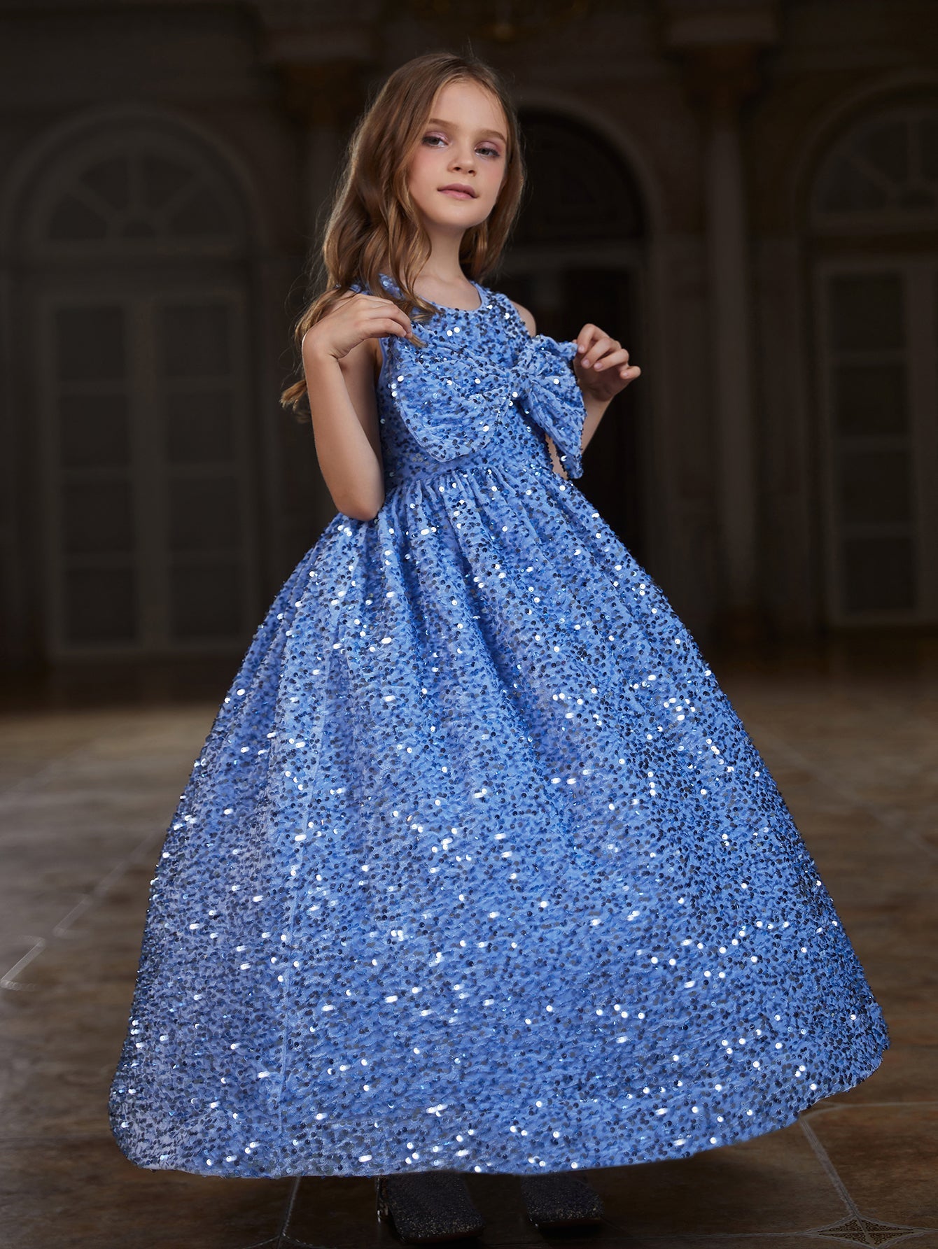 Girl's Cute Sleeveless Bow Front Sequin Party Dress