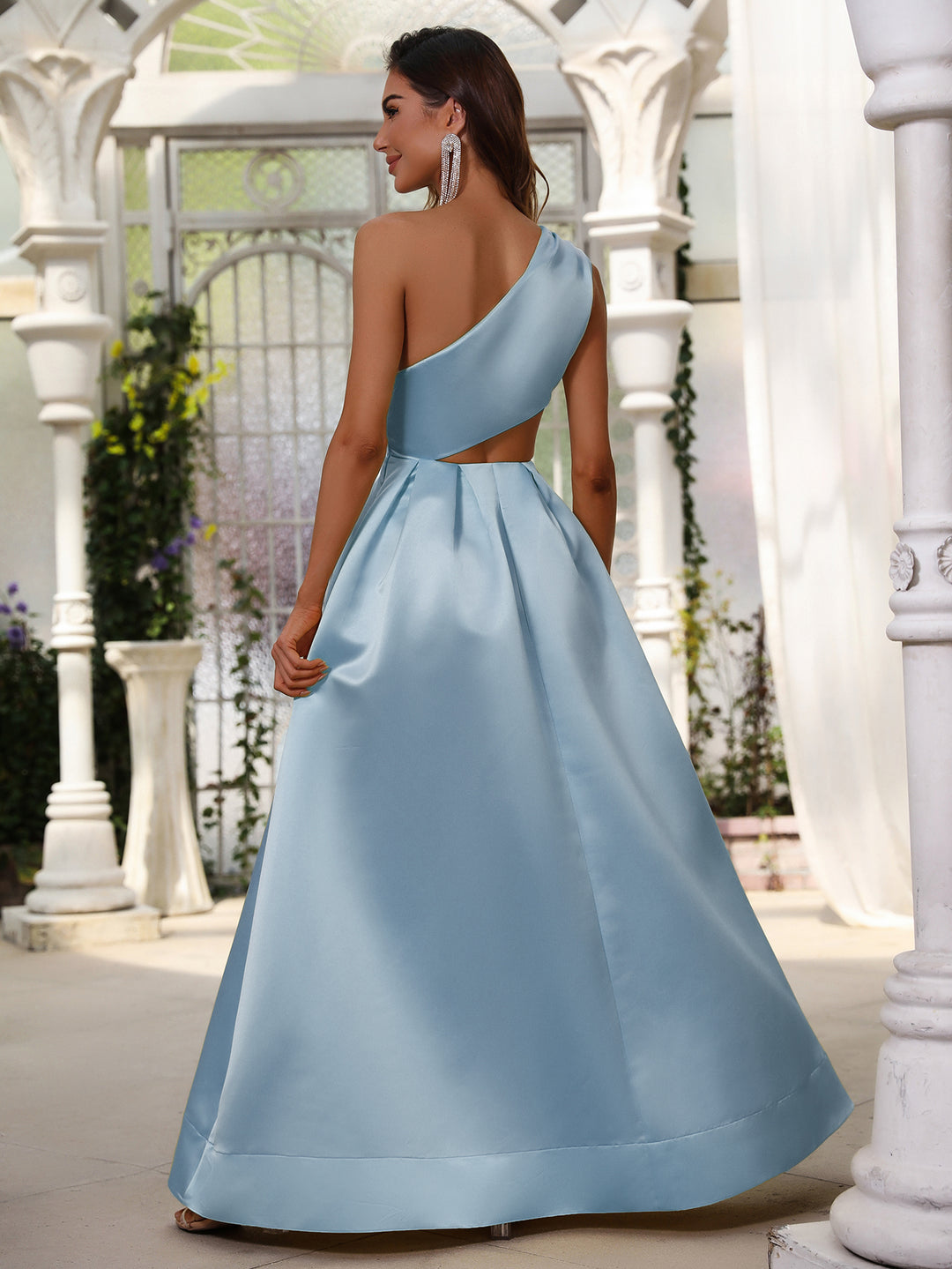 Cut Out One Shoulder Sleeveless Satin A line Dresses