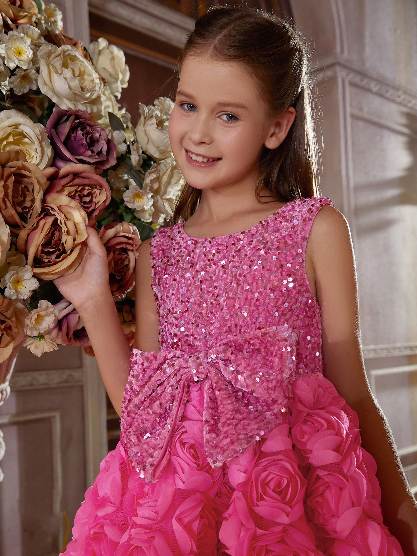 Girl's Cute Applique Contrast Sequin Party Dress