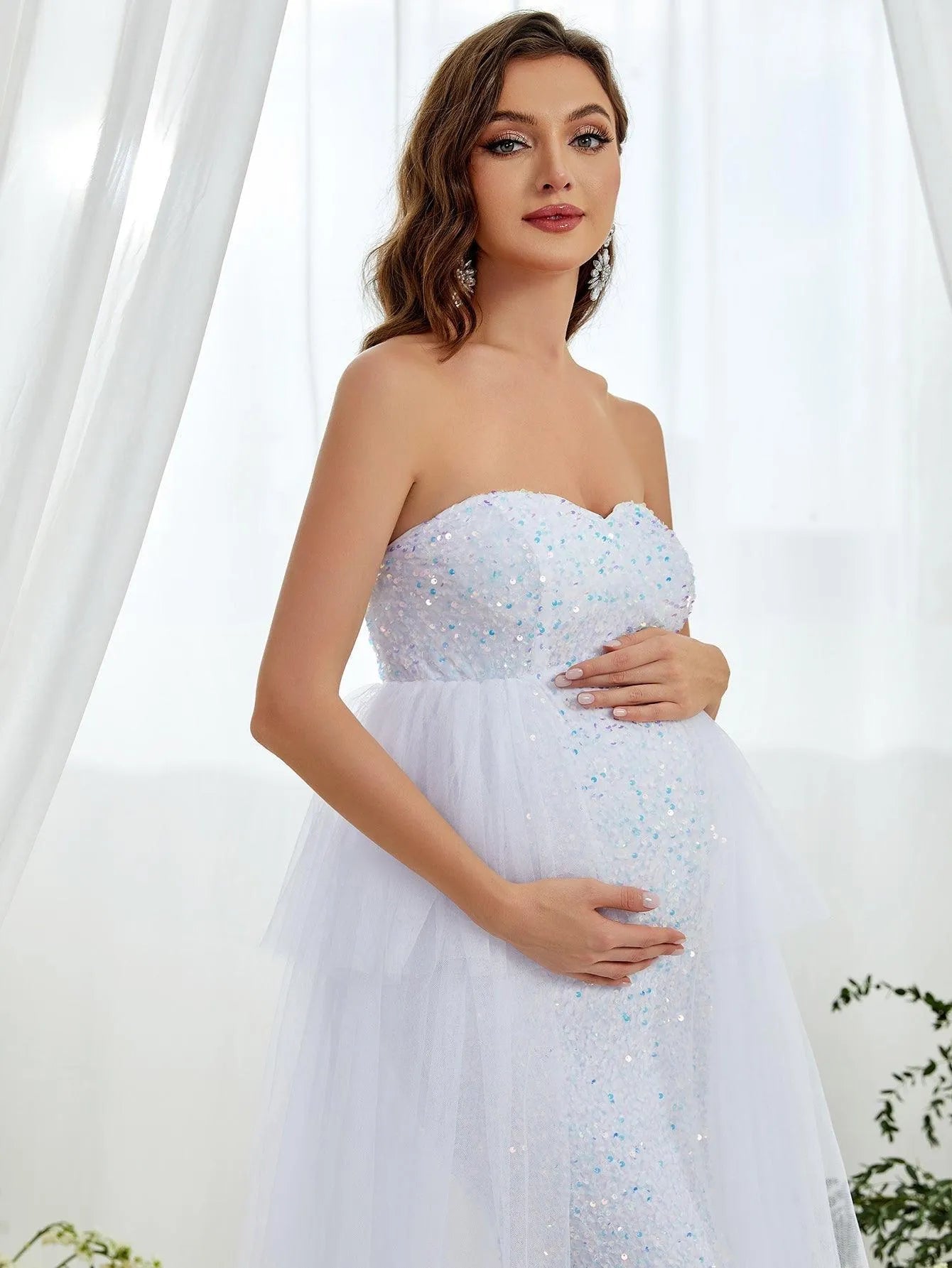 Maternity Mesh Overlay Mermaid Hem Sequin Tube Dress