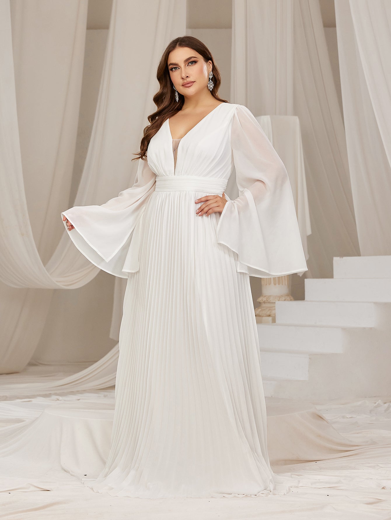 Plus Flared Sleeves Pleated Chiffon Formal Dresses