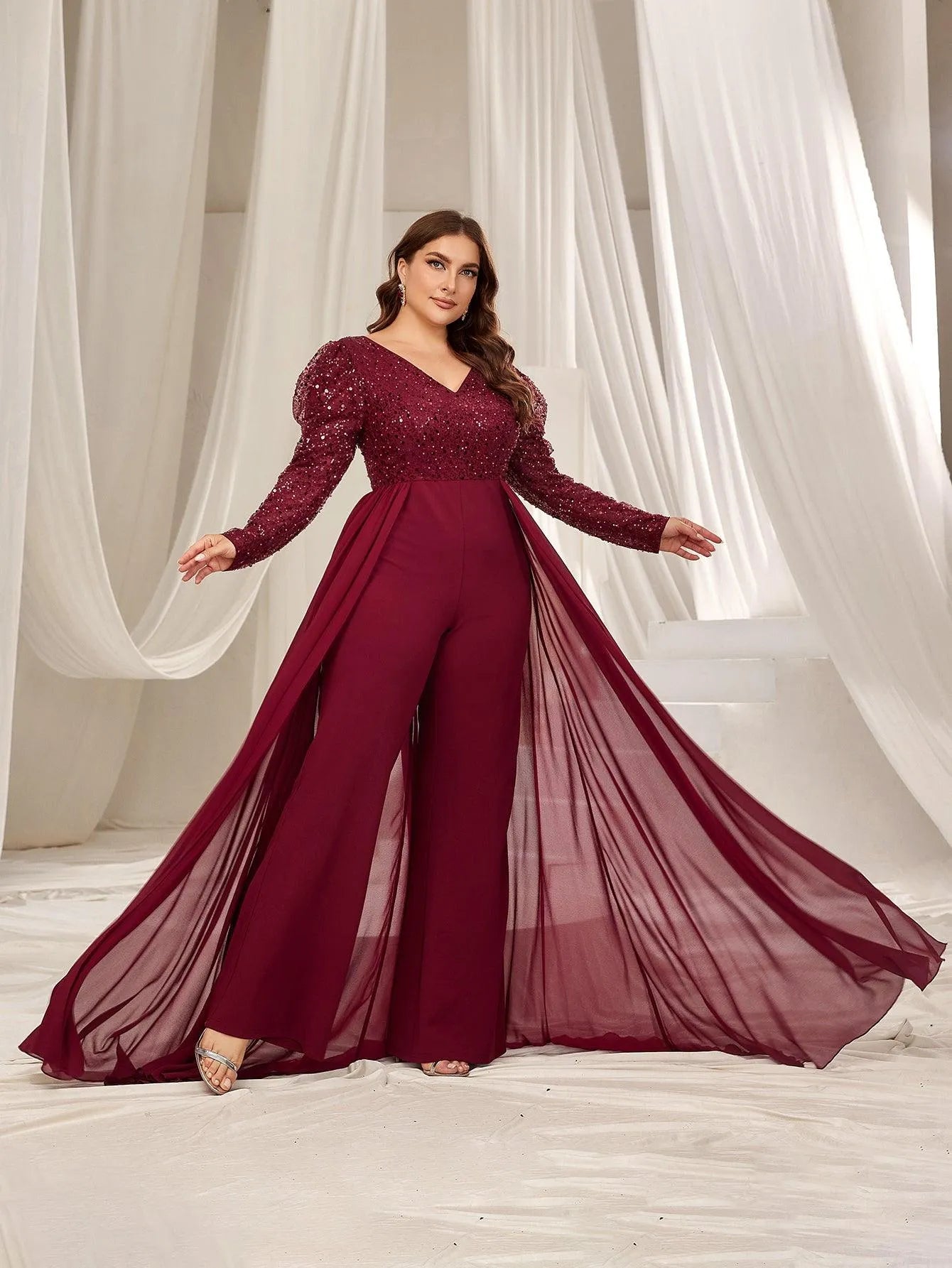 Plus V Neck Gigot Sleeves Sequin Prom Jumpsuit