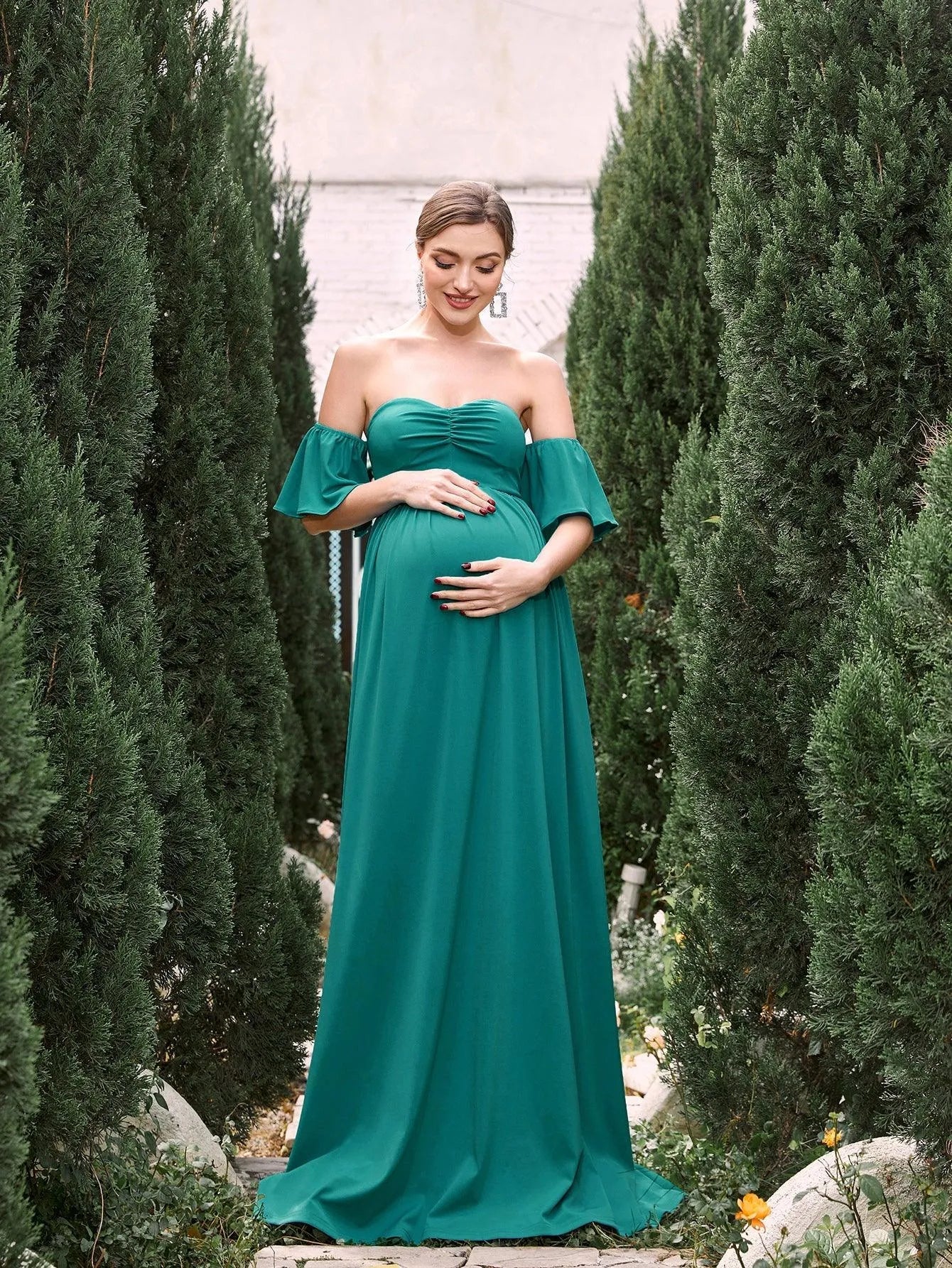 Maternity Off Shoulder Flared Sleeves Maxi Prom Dress