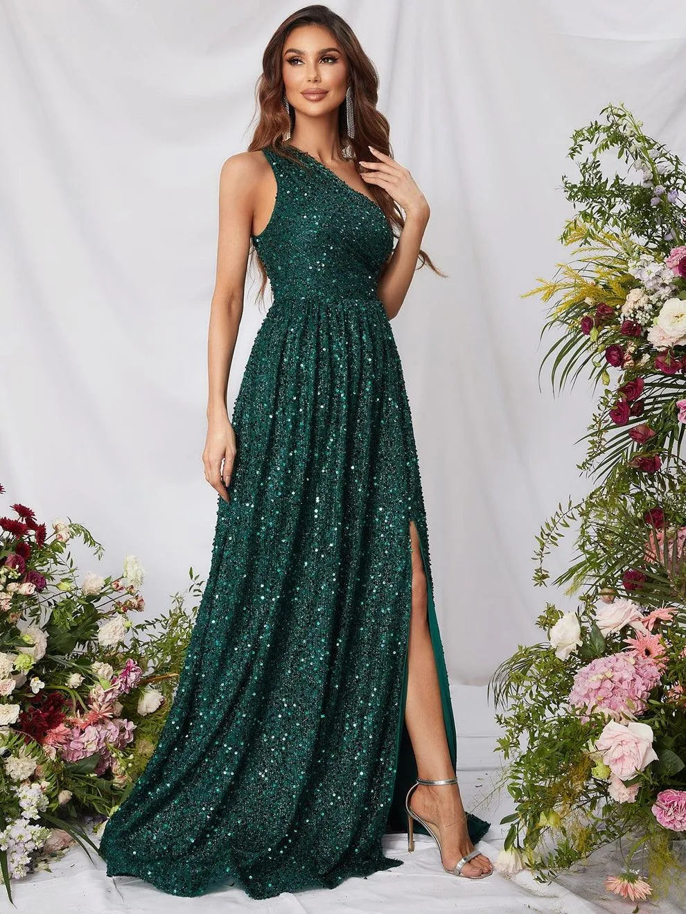 Elegant One Shoulder Sleeveless Sequin A Line Dresses