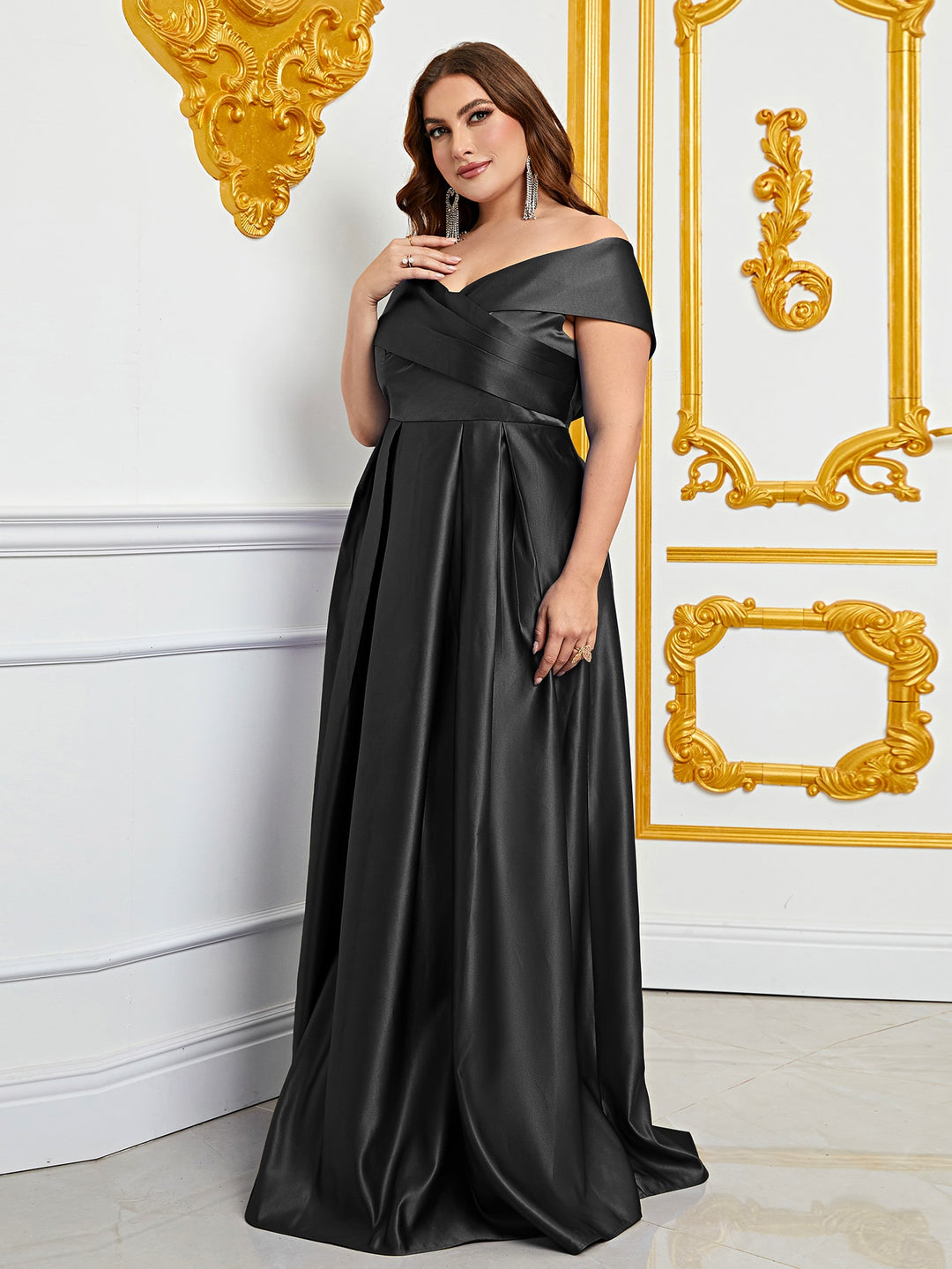 Plus Elegant Off Shoulder Satin A Line Gown