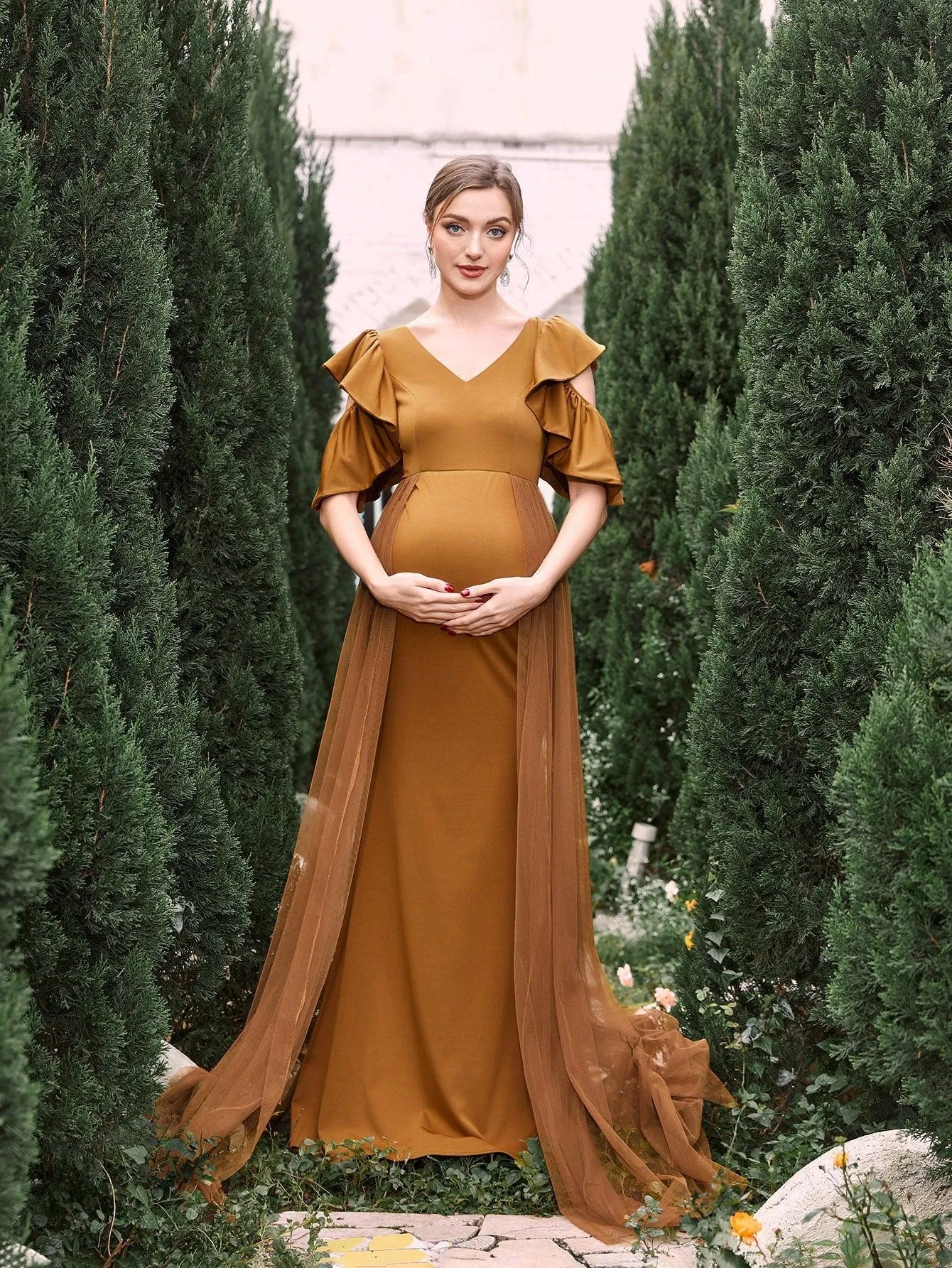 Maternity V Neck Ruffle Sleeves Mesh Overlay Mermaid Dress