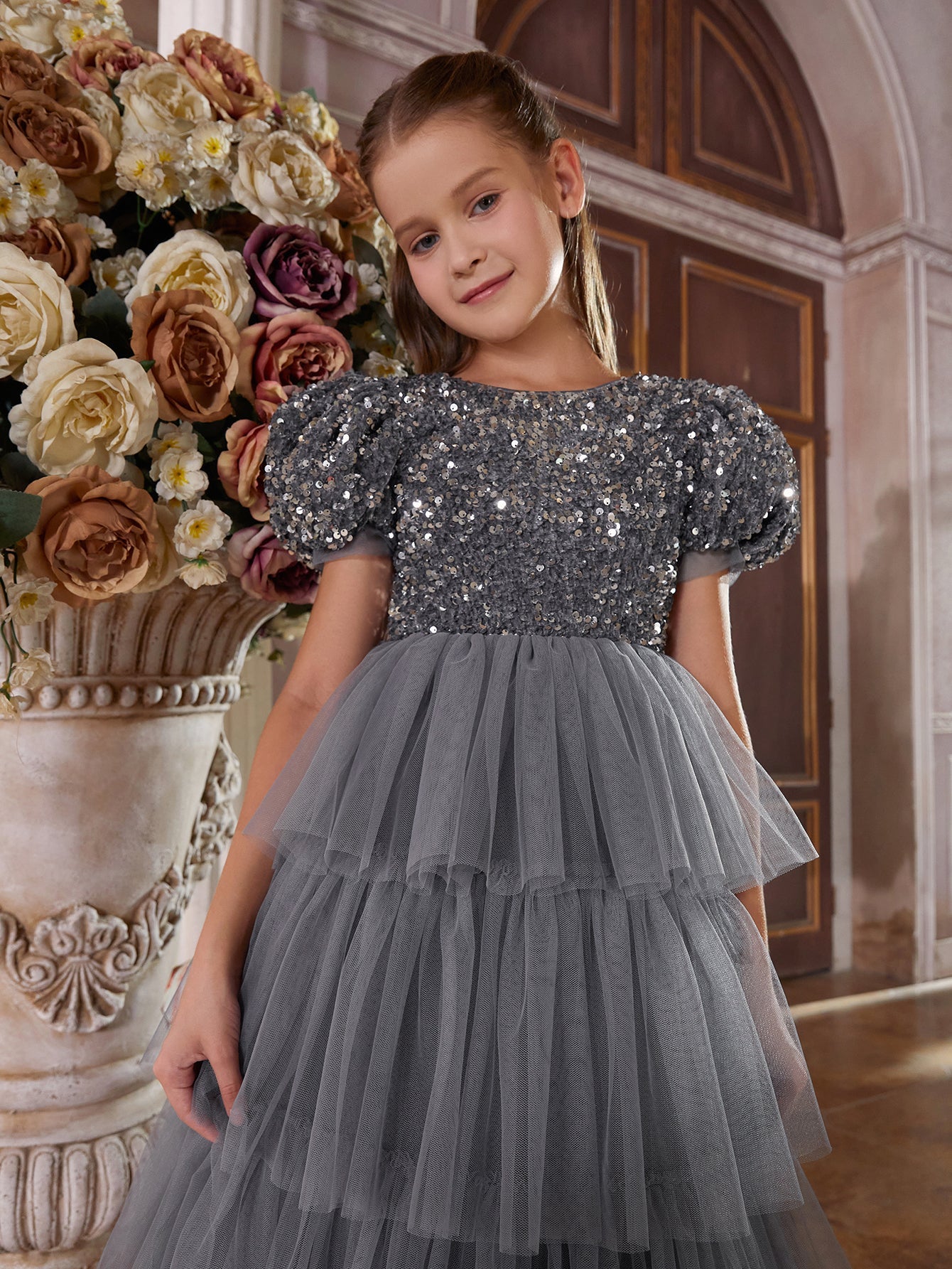 Girl's Sequin Contrast Layered Ruffle Mesh Hem Dress