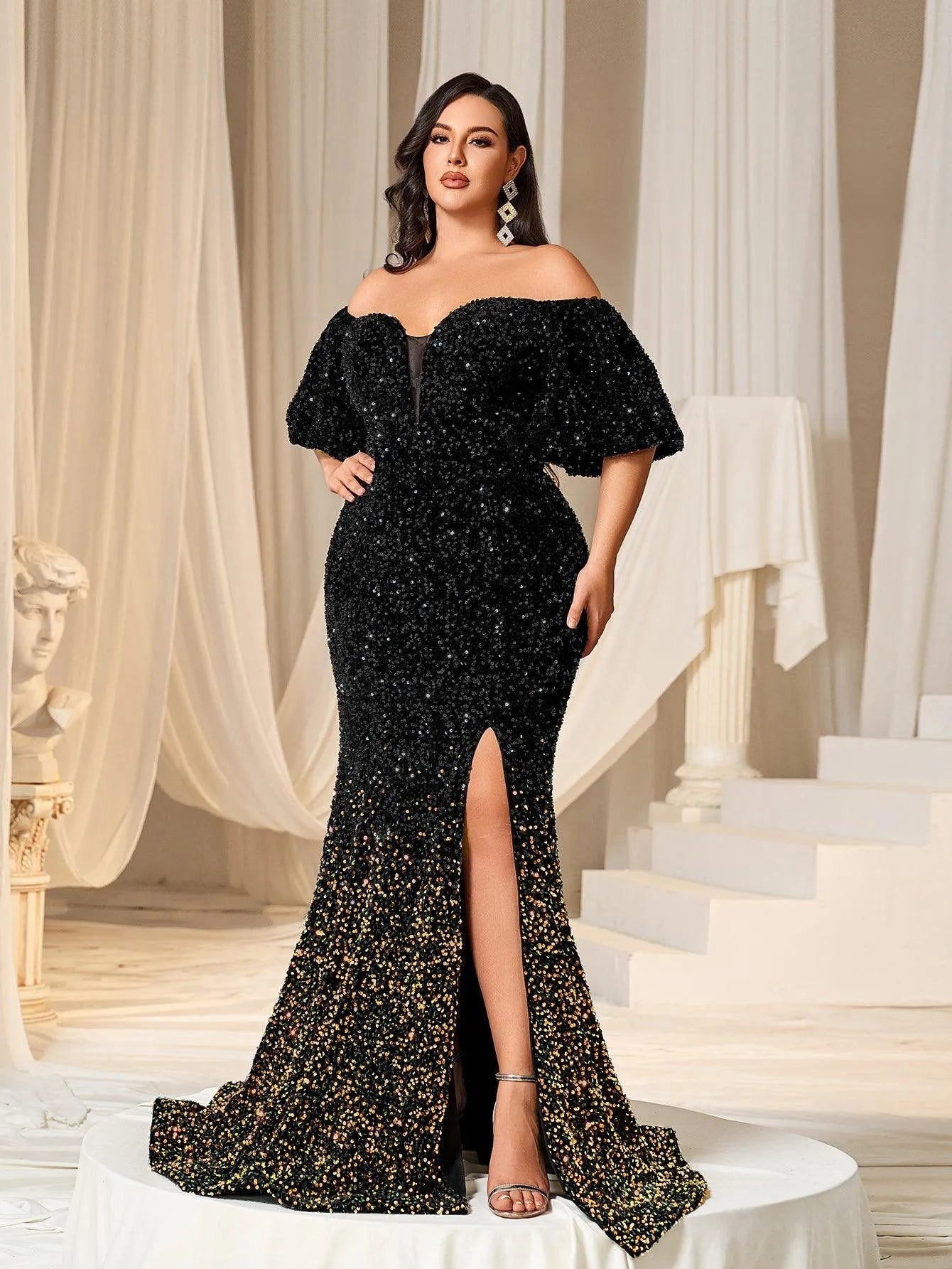 Plus Off Shoulder Puff Sleeves Ombre Sequin Mermaid Dress