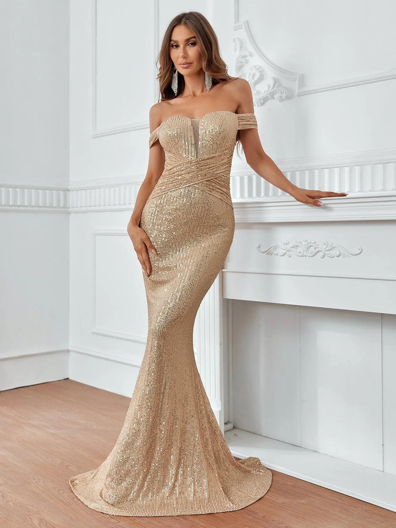 Contrast Mesh Off Shoulder Mermaid Hem Sequin Formal Dress