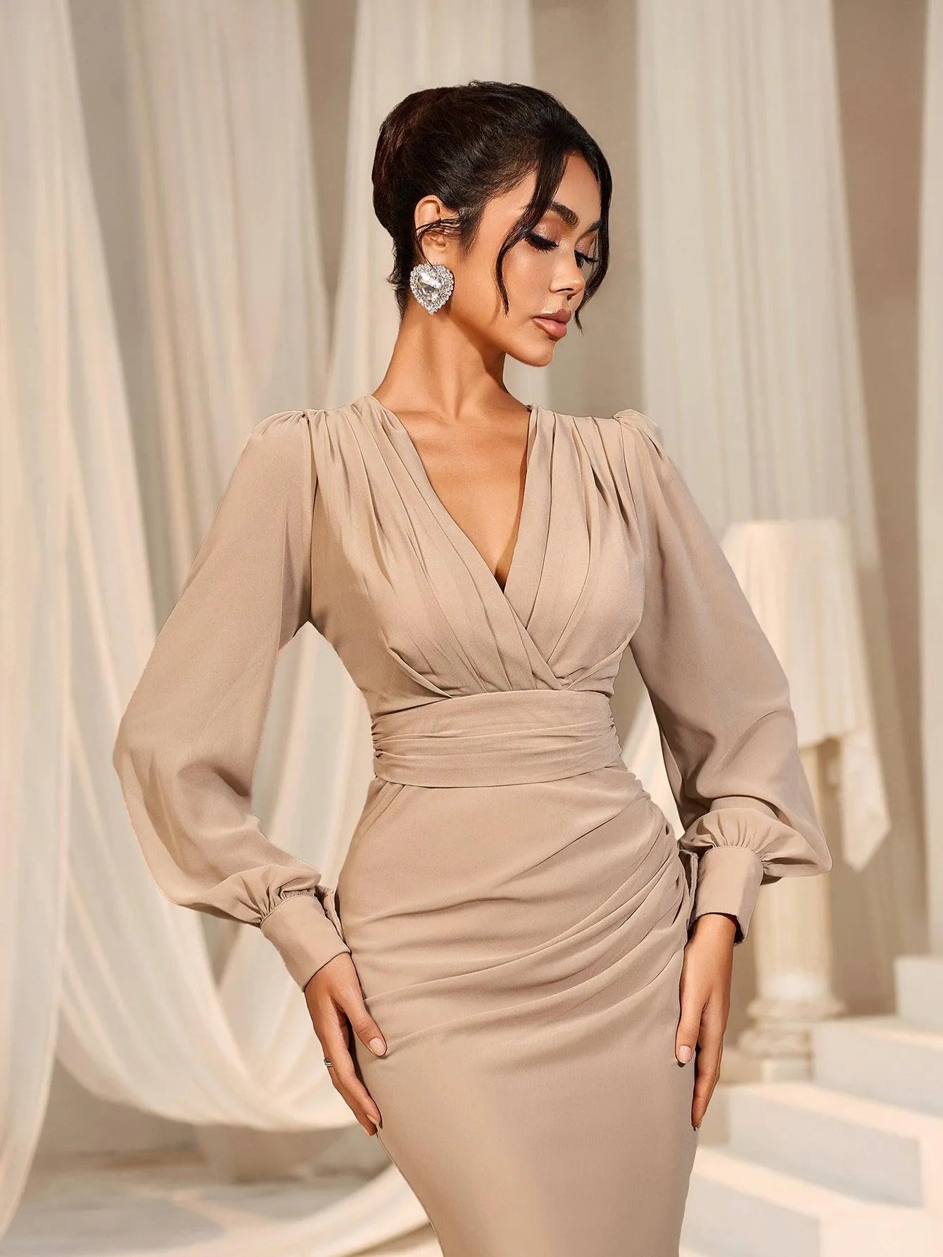 Surplice Neck Lantern Sleeve Chiffon Mermaid Dress