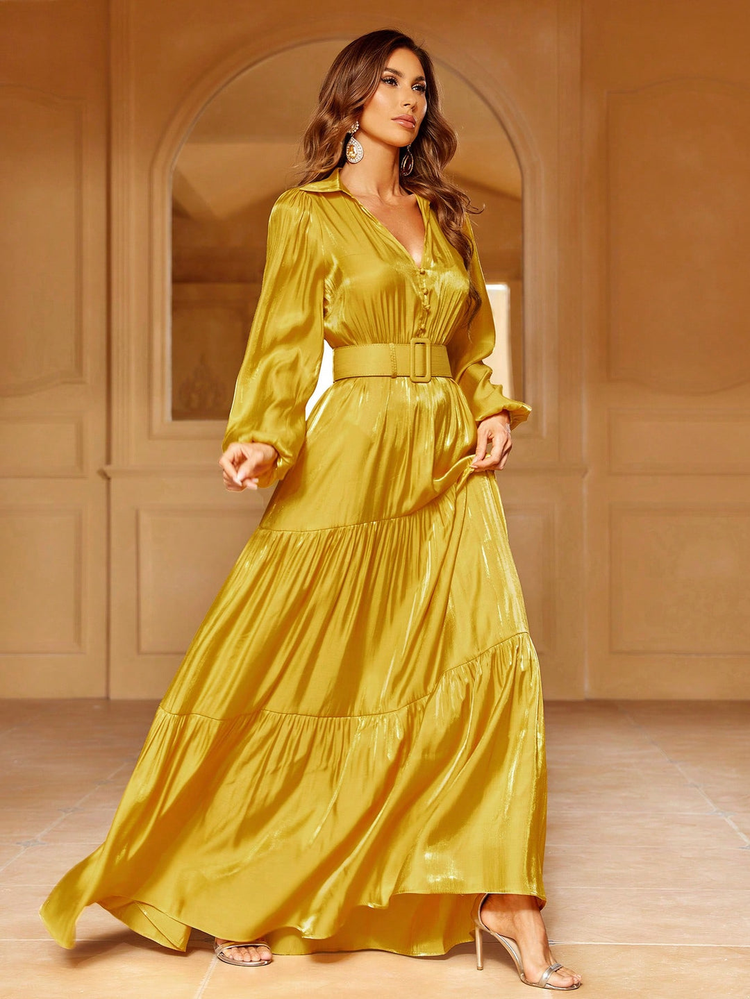 Elegant Lantern Sleeve Ruffle Hem Belted Chiffon Dress