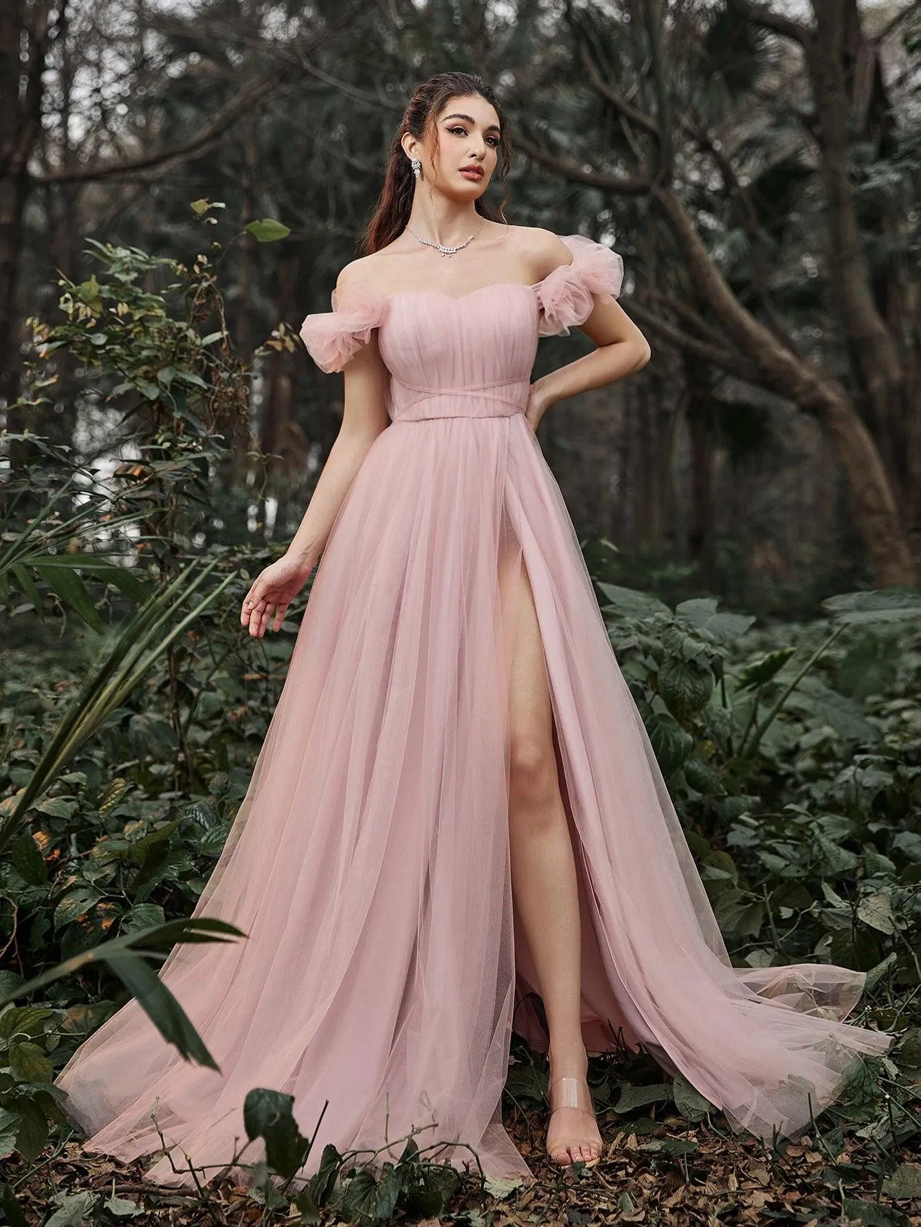 Elegant Off Shoulder Ruched Bust Split Thigh Tulle Evening Dress