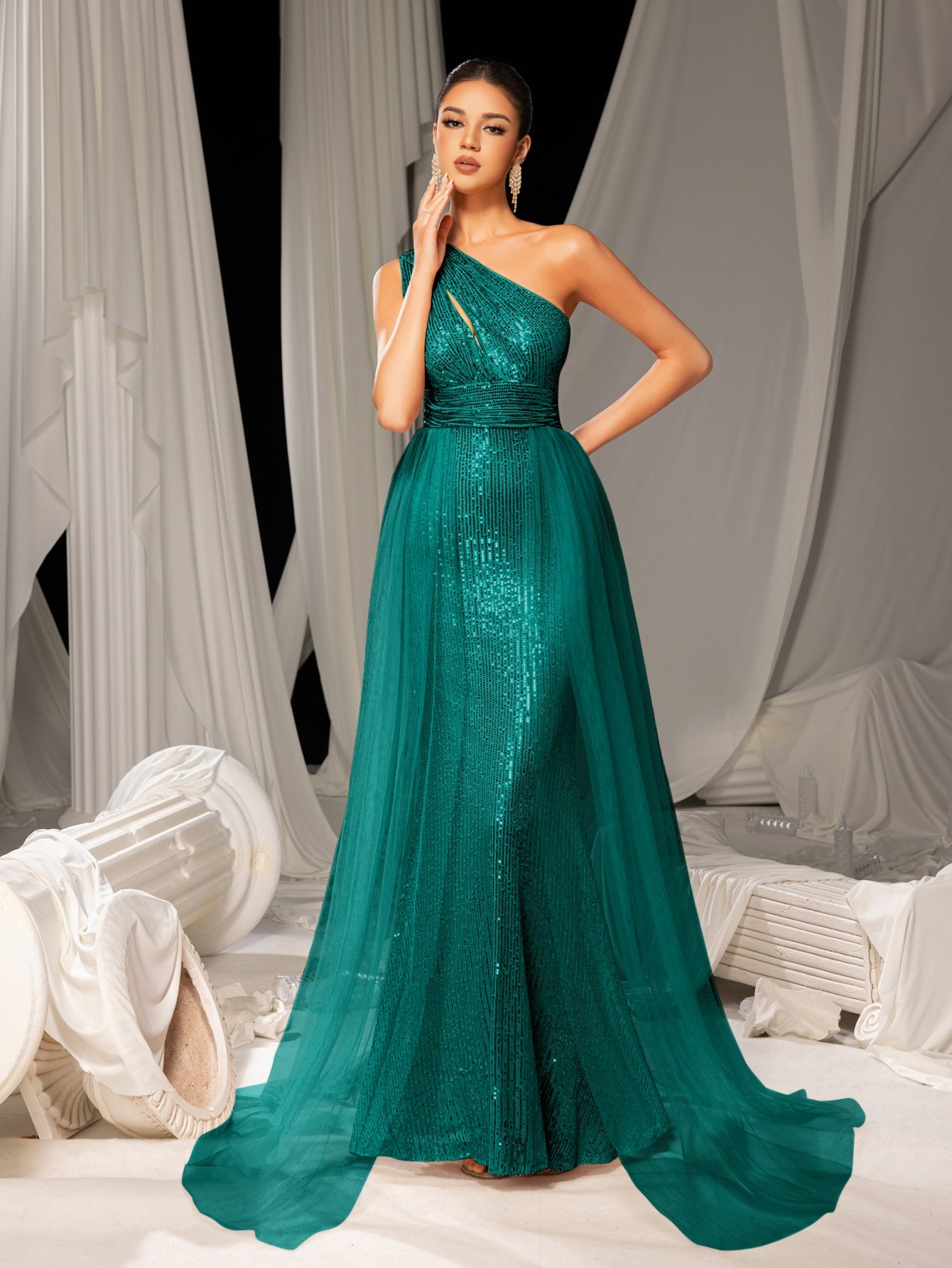 Elegant One Shoulder Sleeveless Mesh Overlay Sequin Formal Prom Dress