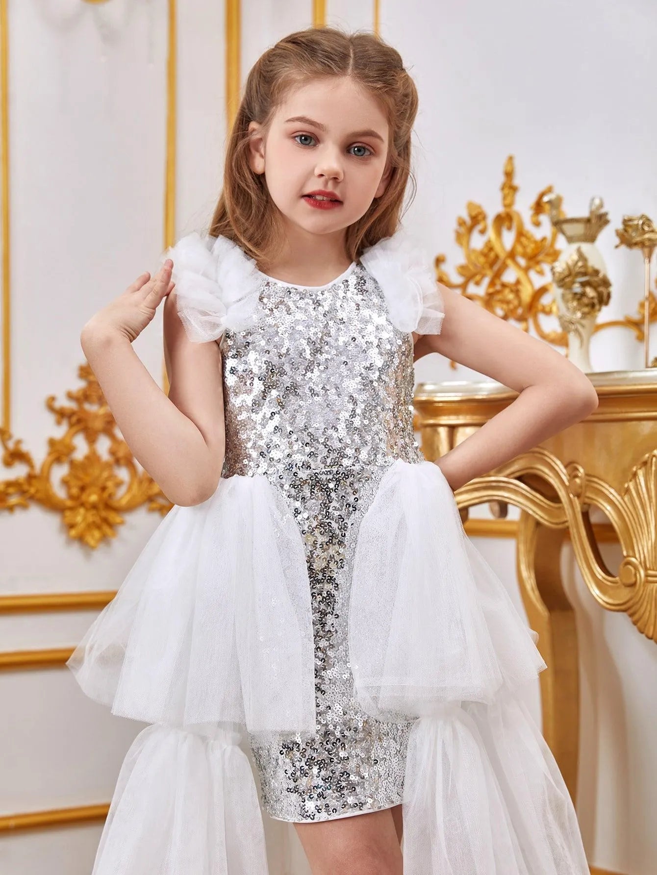 Tween Girls' Sleeveless Mesh Layered Hem Sequin Party Dress