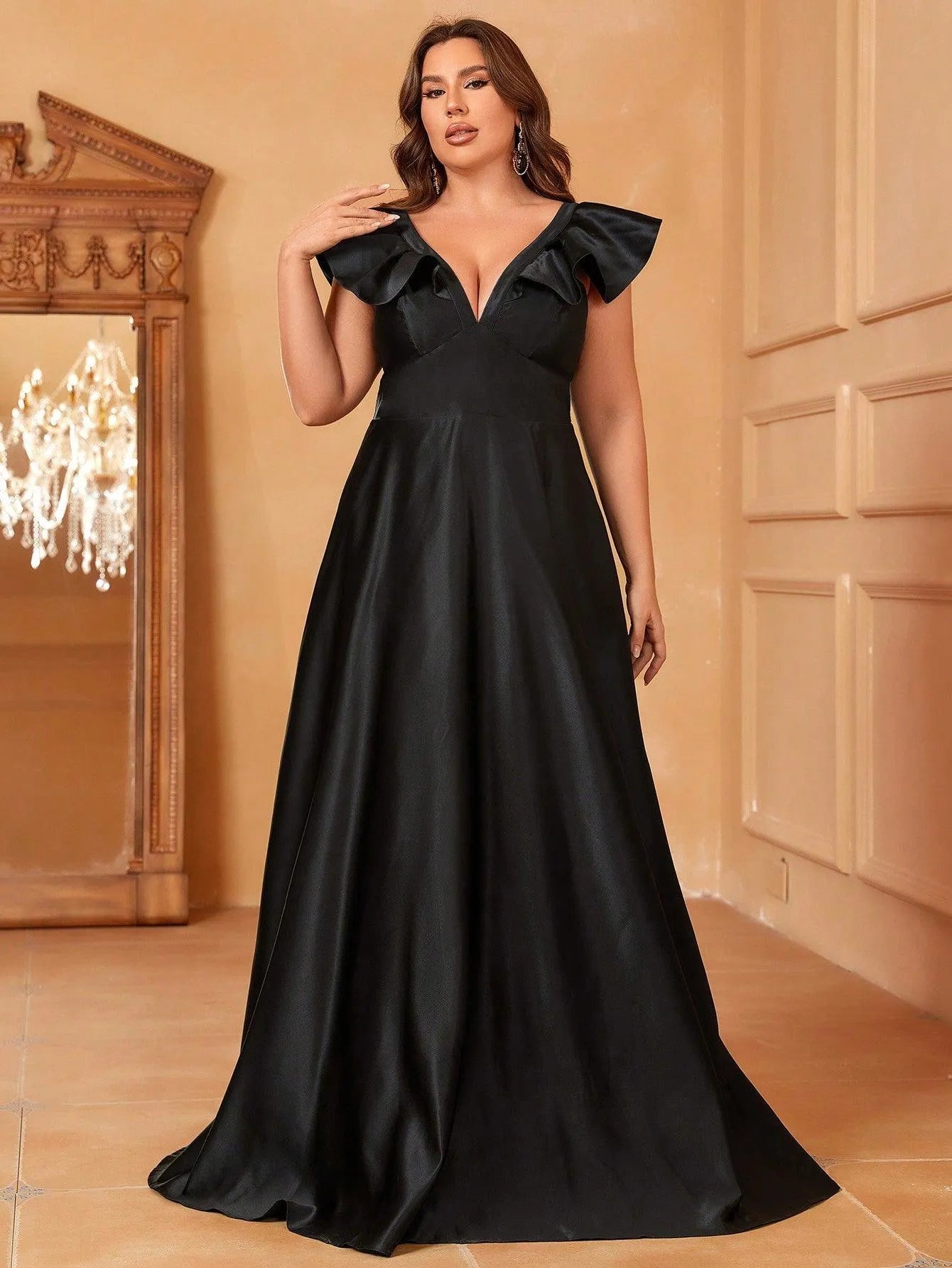 Plus Ruffle Trim Deep V Neck Satin Formal Dress